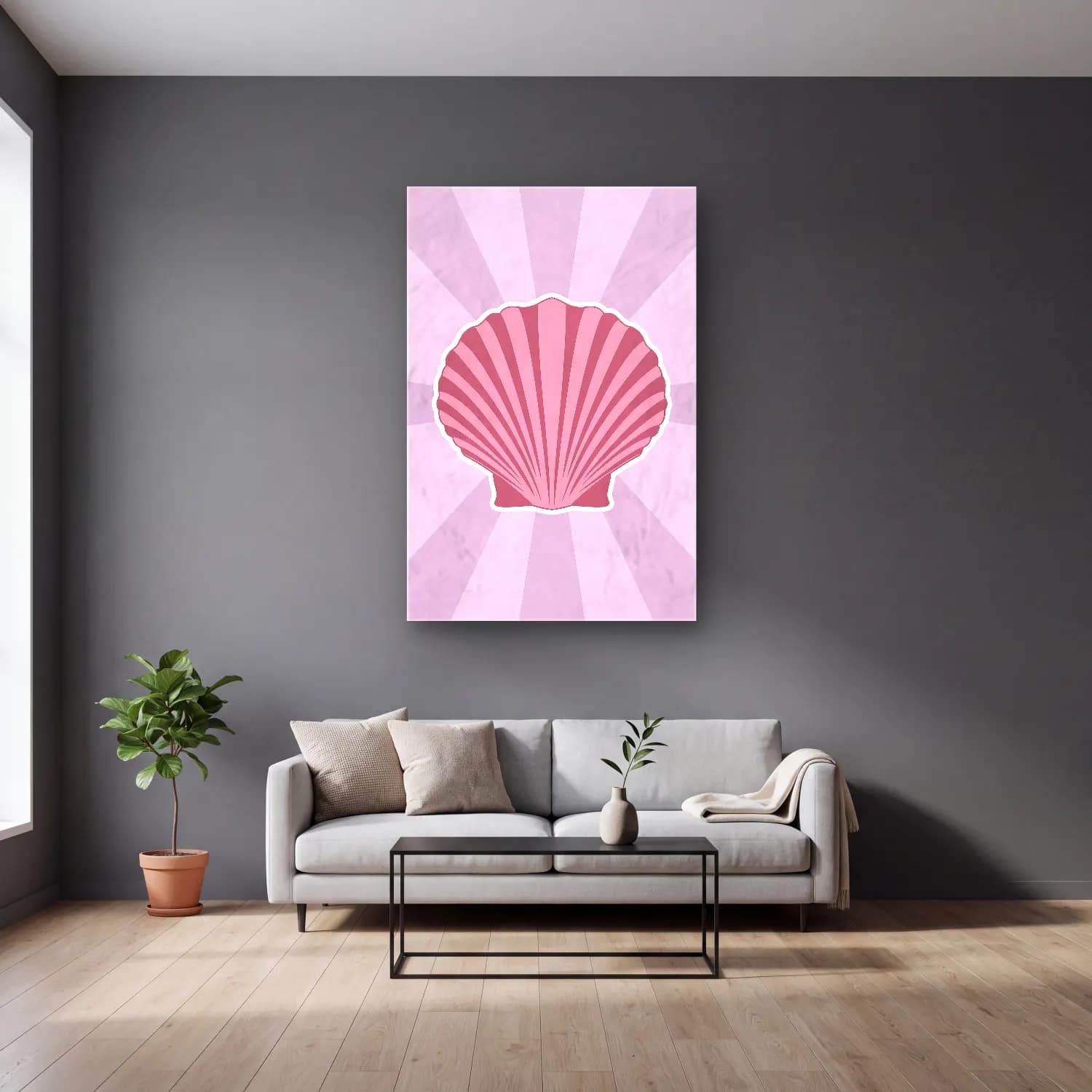 Pastel Deniz Kabukları – Pembe Tonlar cam tablo — gri duvarlı salonda