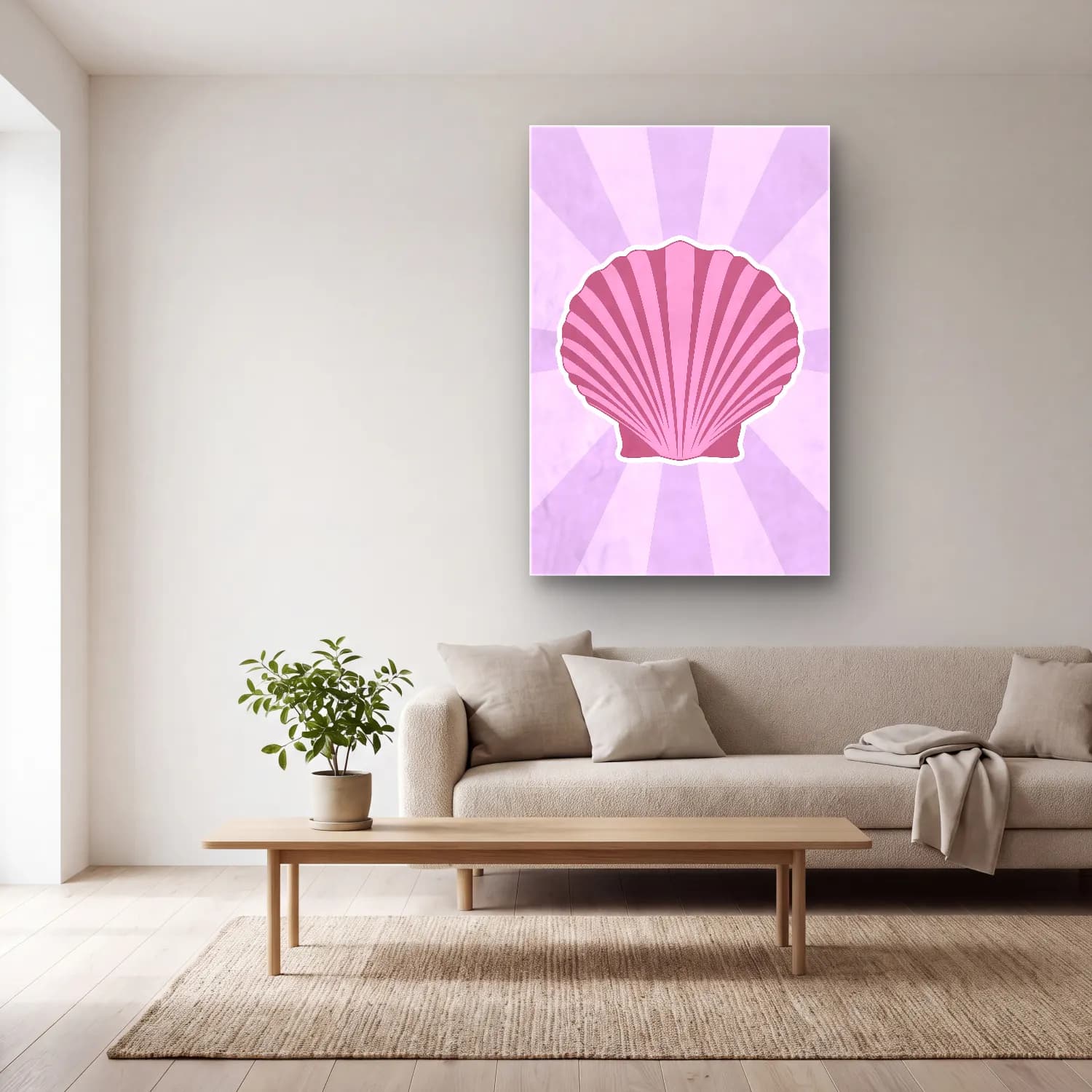 Pastel Deniz Kabukları – Pembe Tonlar cam tablo — açık renk salonda