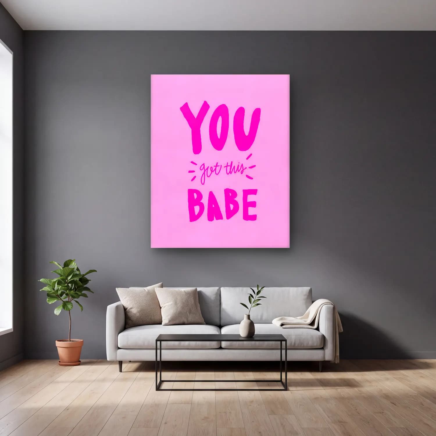 Pastel Söz Posteri No. 25 cam tablo — gri duvarlı salonda