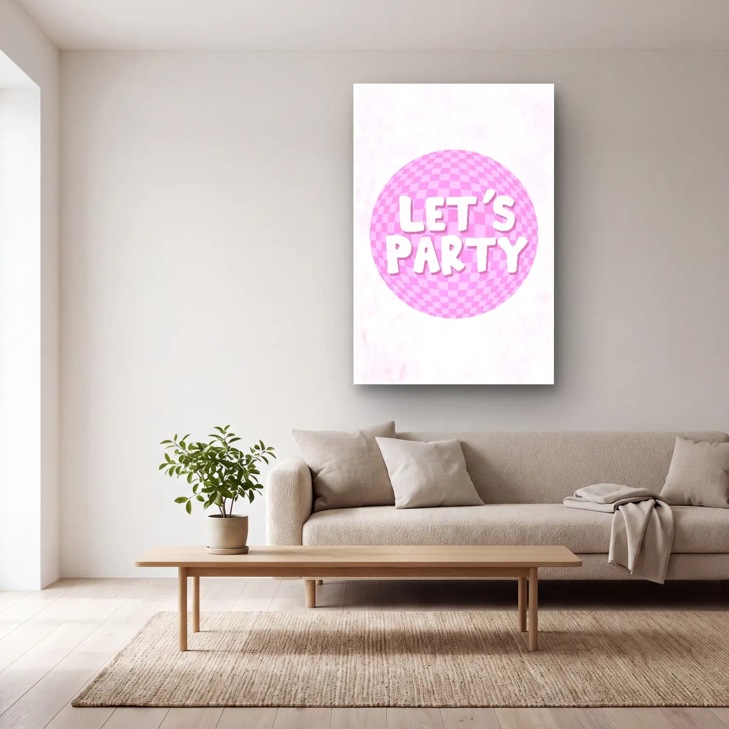 Pastel Dama Deseni No. 8 cam tablo — açık renk salonda