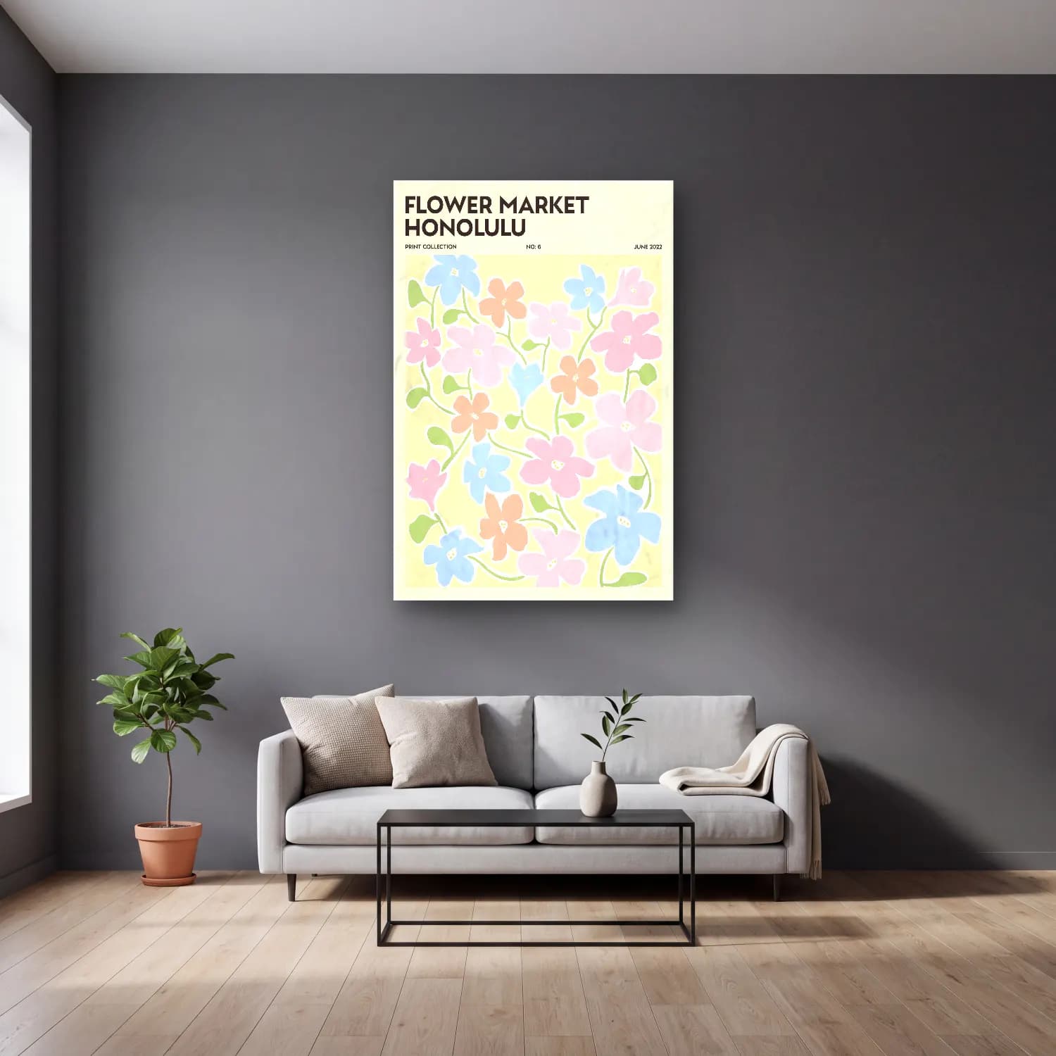 Pastel Çiçek Deseni No. 66 cam tablo — gri duvarlı salonda