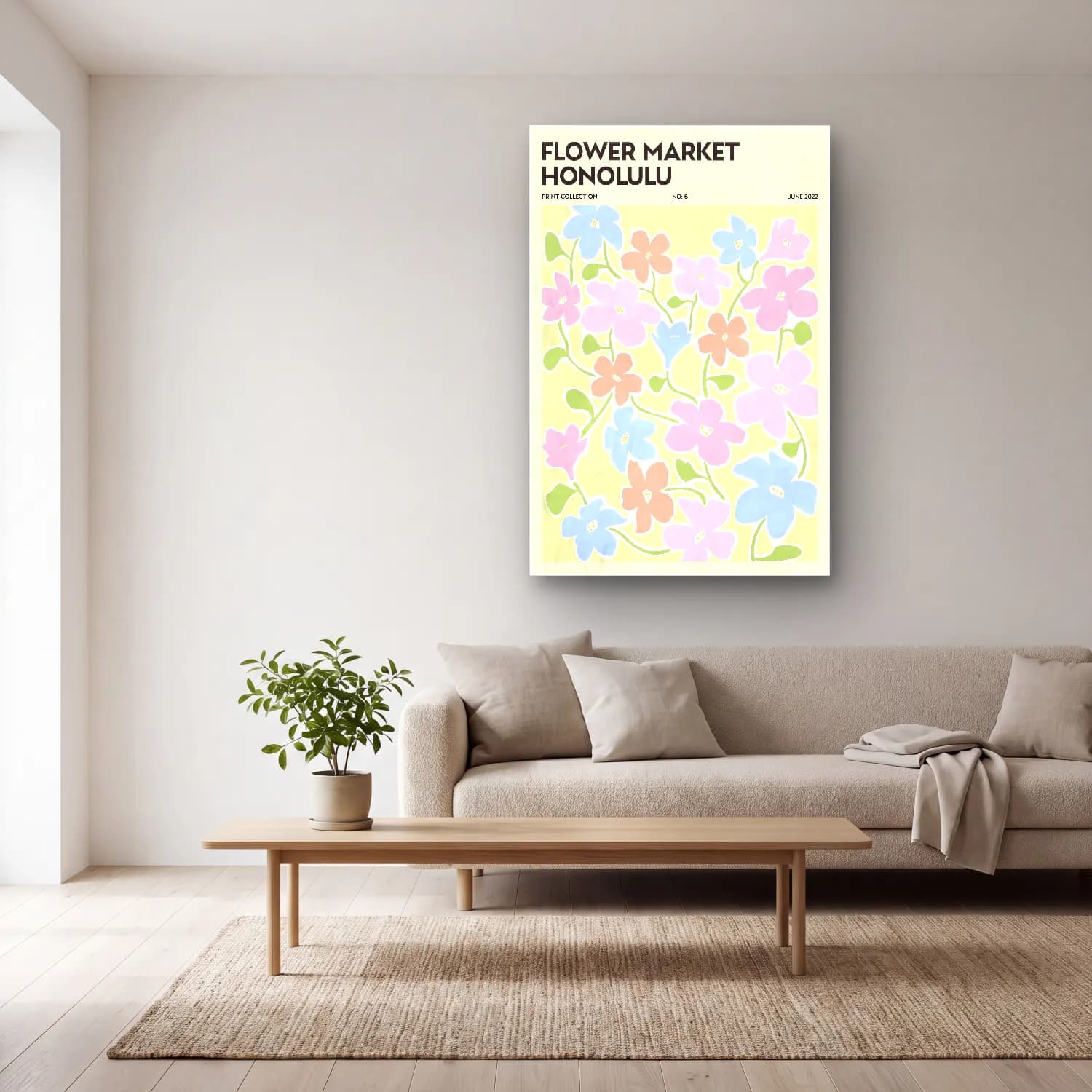 Pastel Çiçek Deseni No. 66 cam tablo — açık renk salonda