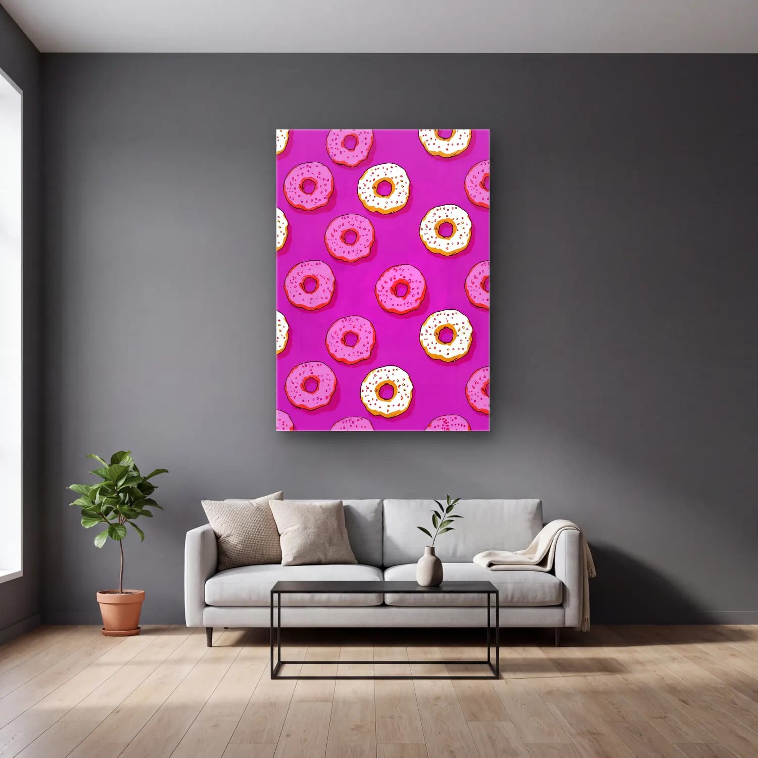 Pastel Tatlılar No. 44 cam tablo — gri duvarlı salonda