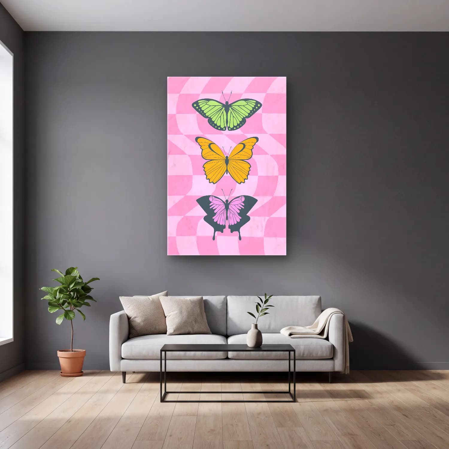 Pastel Kelebek No. 20 cam tablo — gri duvarlı salonda