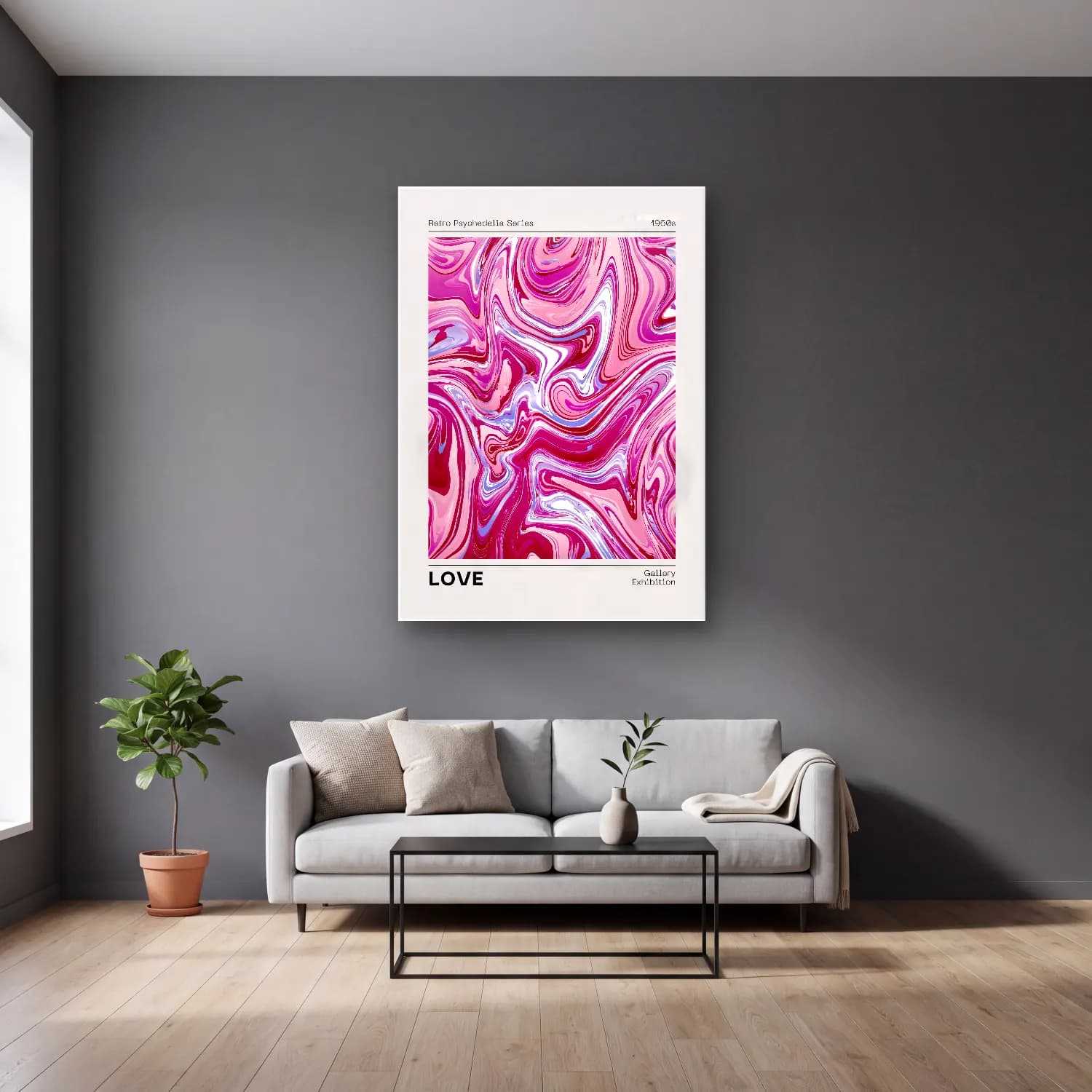 Pastel Mermer Doku No. 6 cam tablo — gri duvarlı salonda