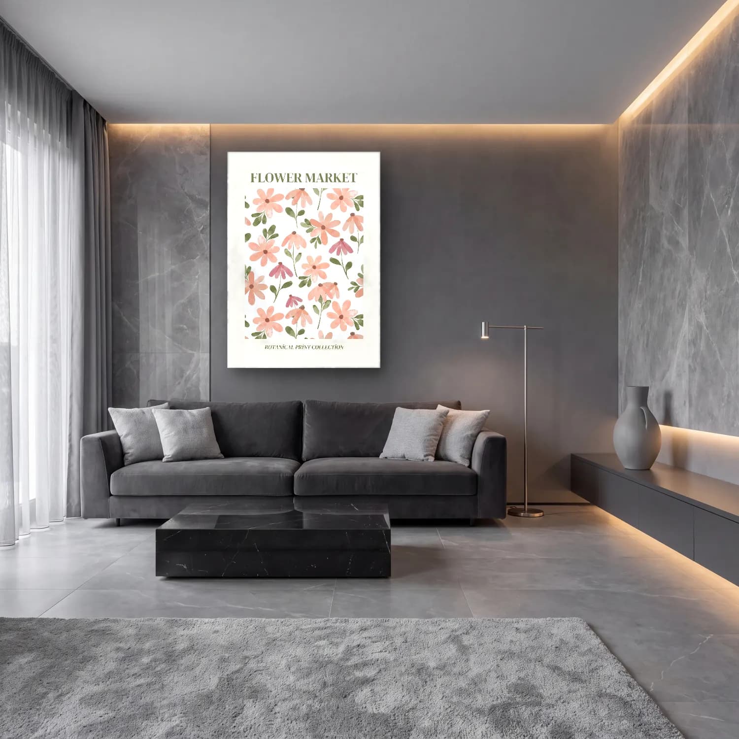 Pastel Çiçek Deseni No. 7 cam tablo — lüks salon duvarında