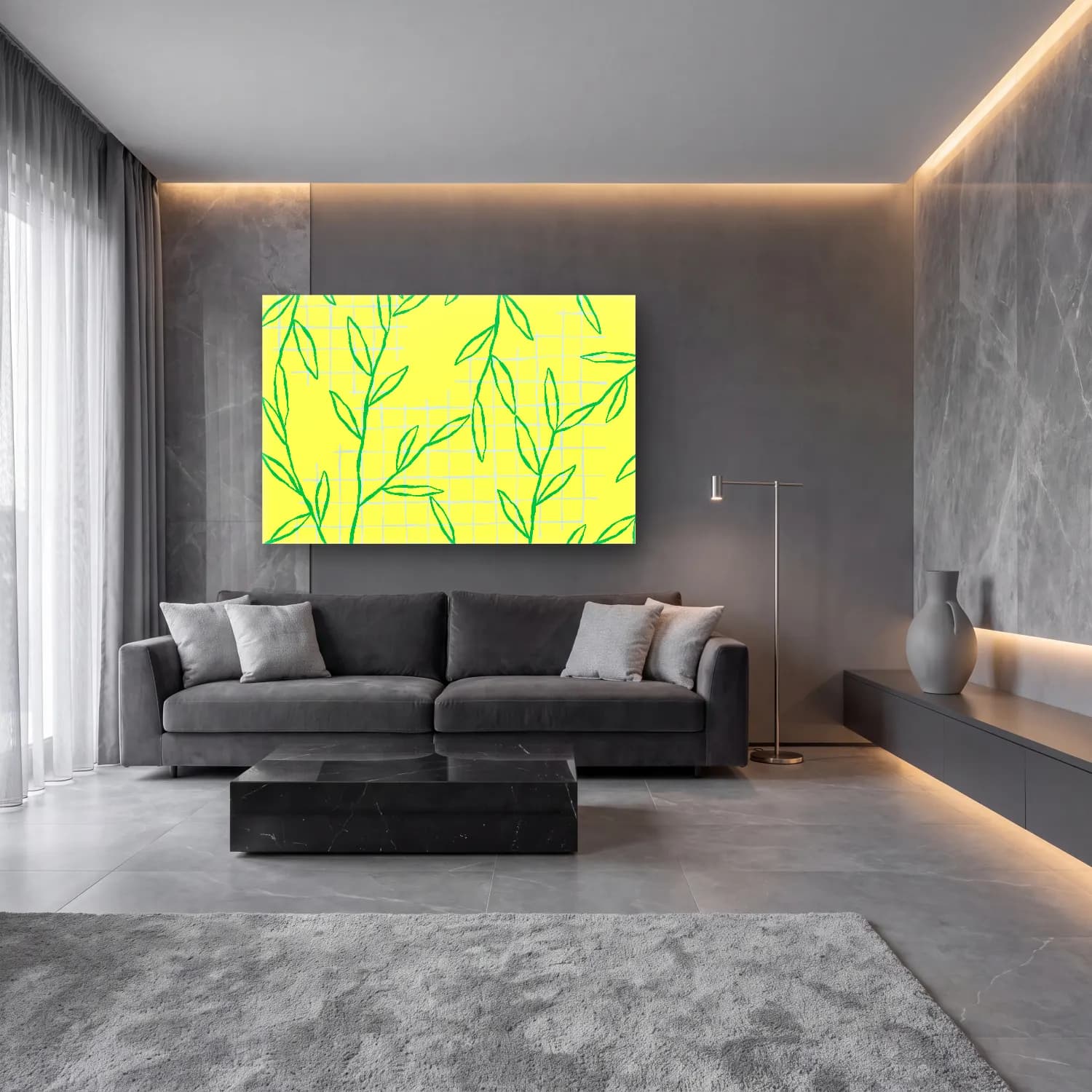 Çizgi Sanatı Çiçek Deseni – Sarı Tonlar cam tablo — lüks salon duvarında