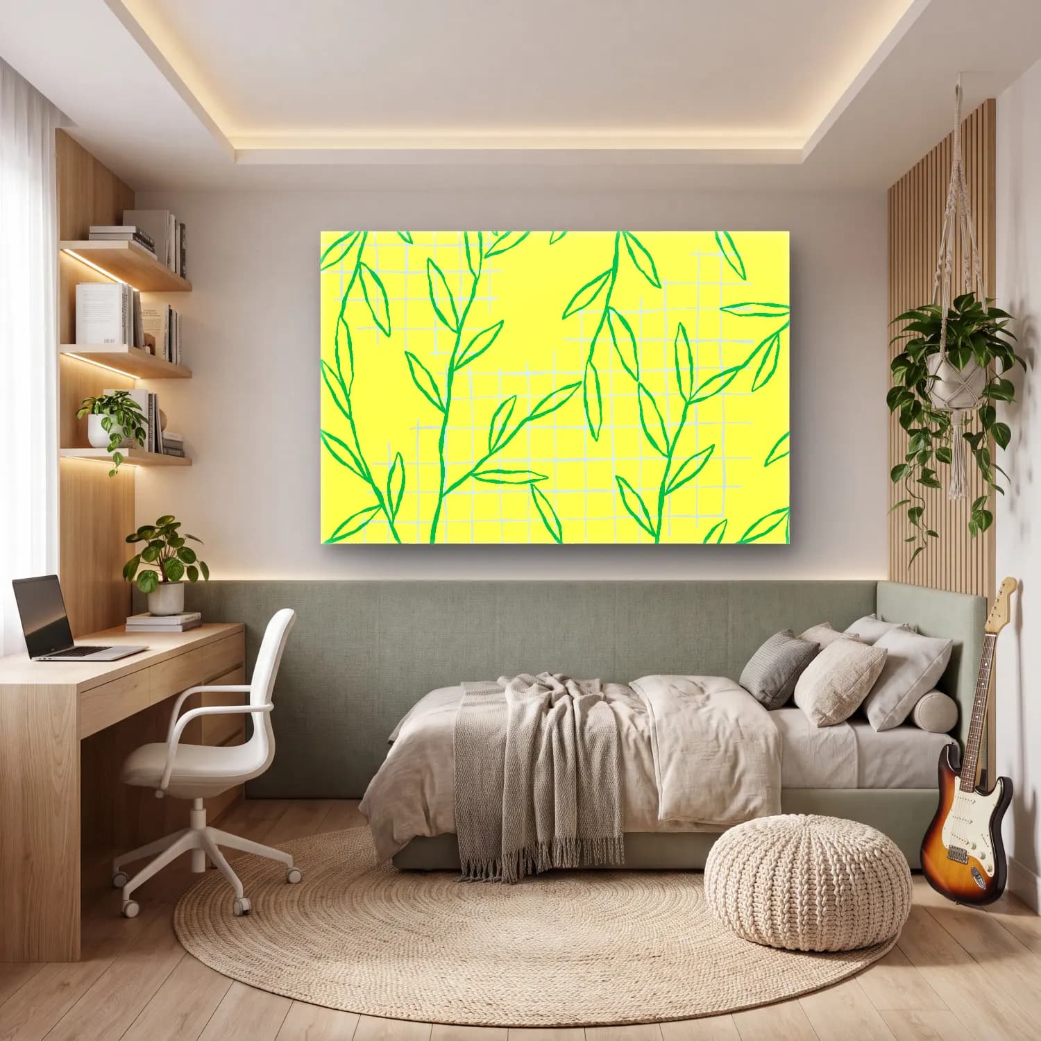 Çizgi Sanatı Çiçek Deseni – Sarı Tonlar cam tablo — genç odasında
