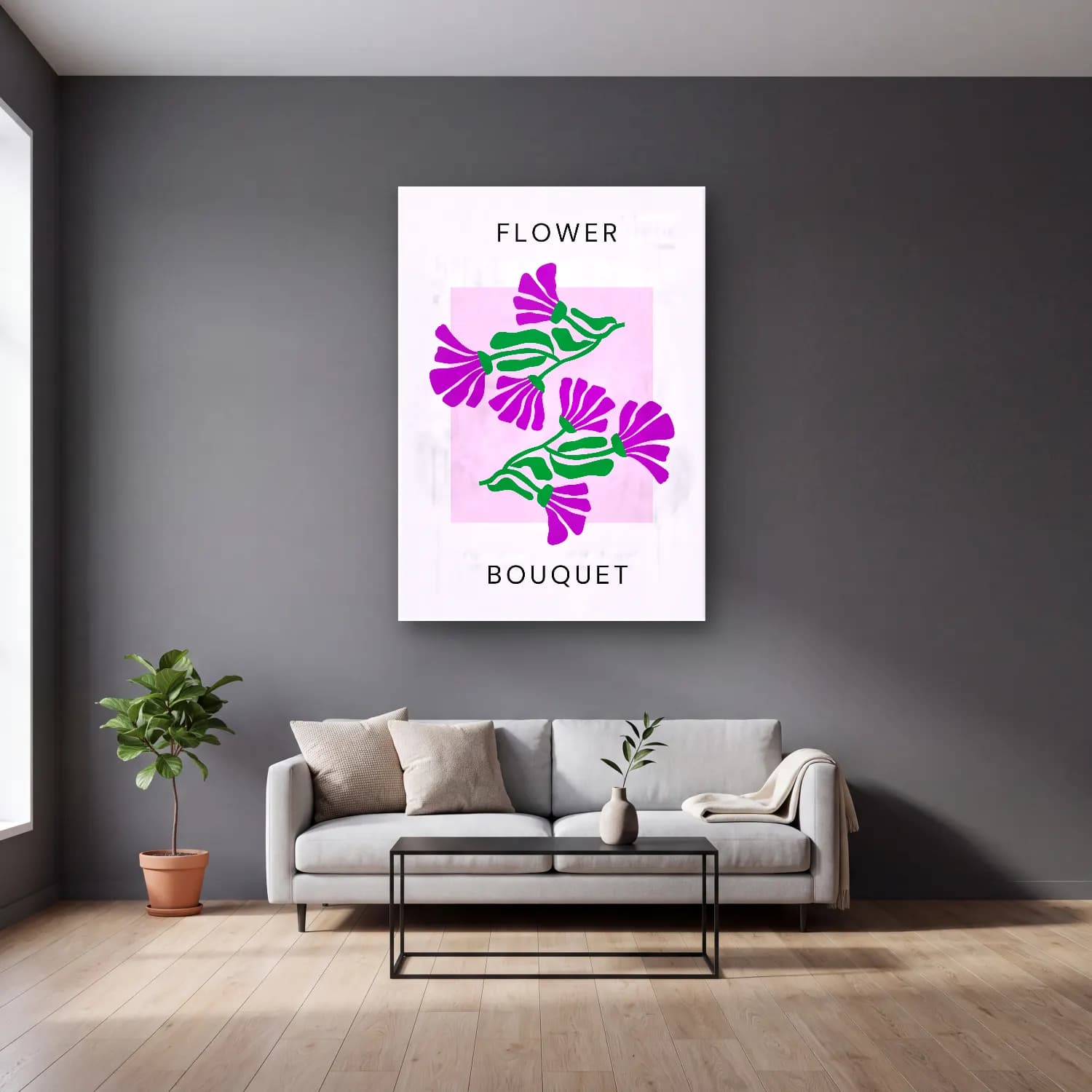 Pastel Çiçek Deseni No. 67 cam tablo — gri duvarlı salonda