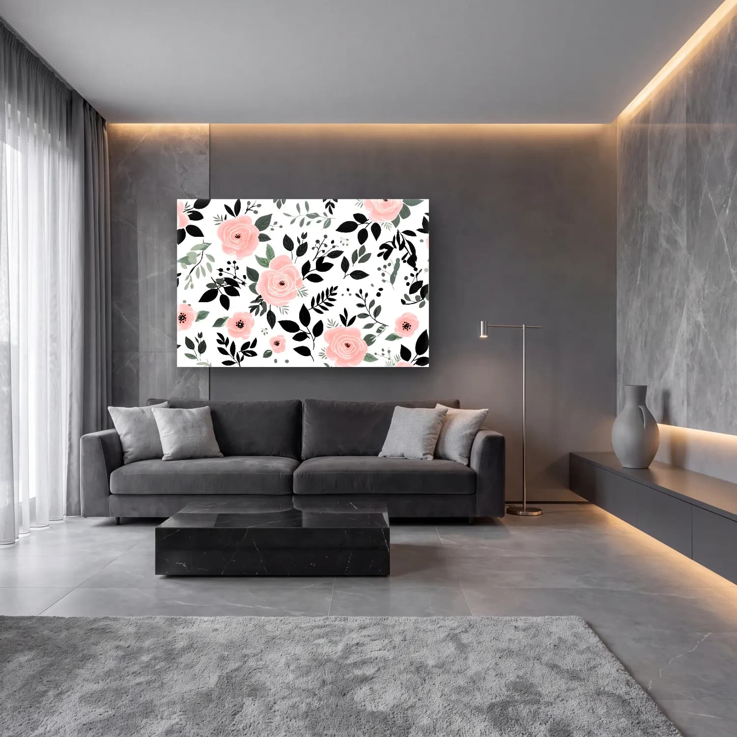 Pastel Çiçek Deseni No. 68 cam tablo — lüks salon duvarında