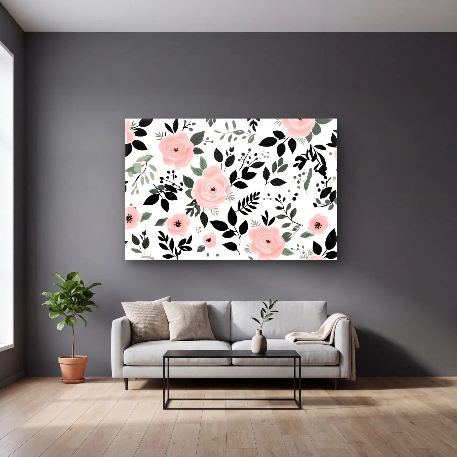 Pastel Çiçek Deseni No. 68 cam tablo — gri duvarlı salonda
