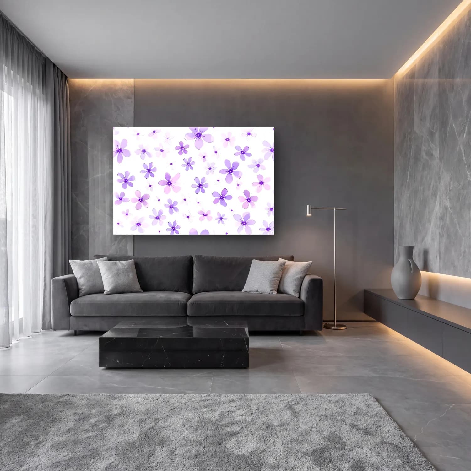 Pastel Çiçek Deseni No. 69 cam tablo — lüks salon duvarında