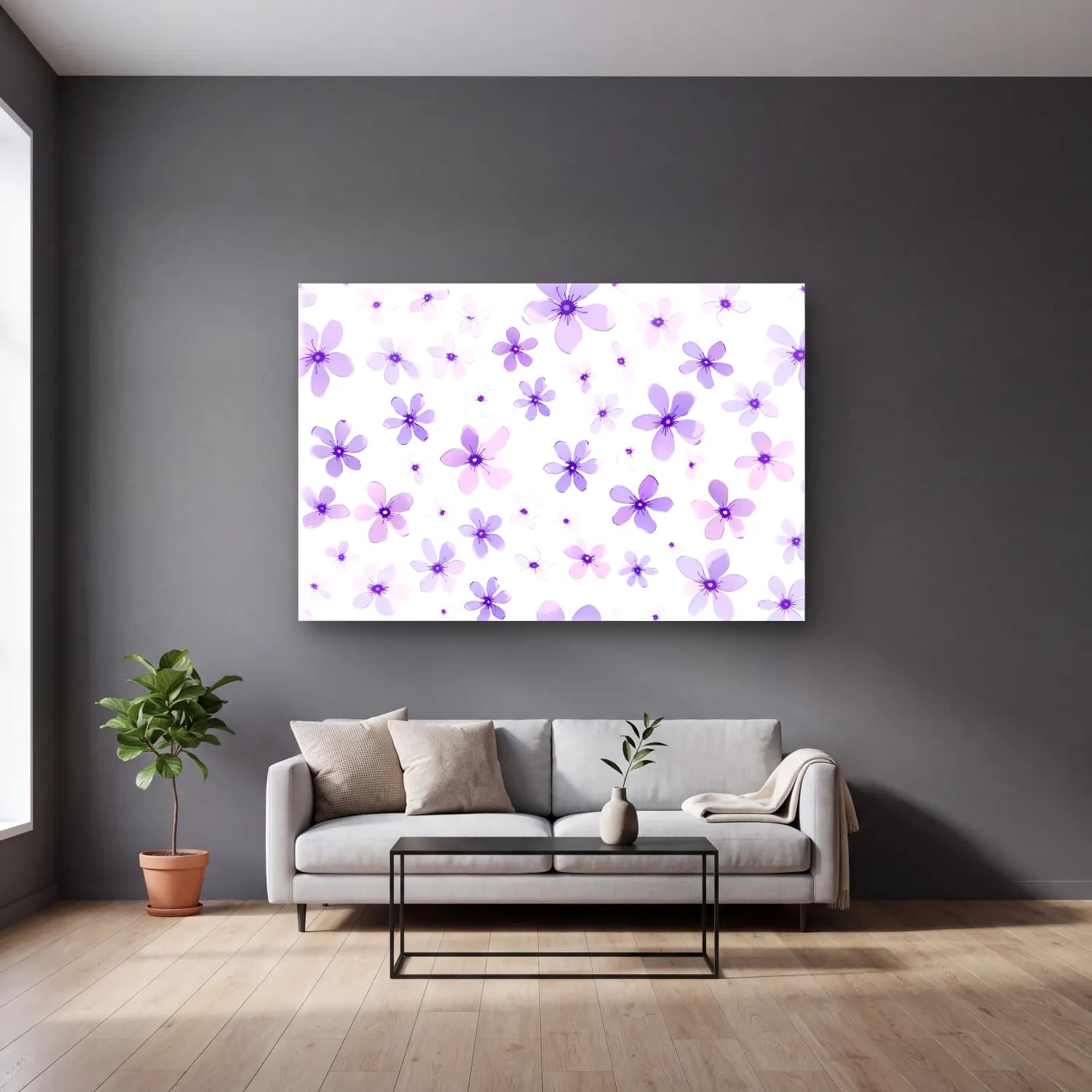 Pastel Çiçek Deseni No. 69 cam tablo — gri duvarlı salonda