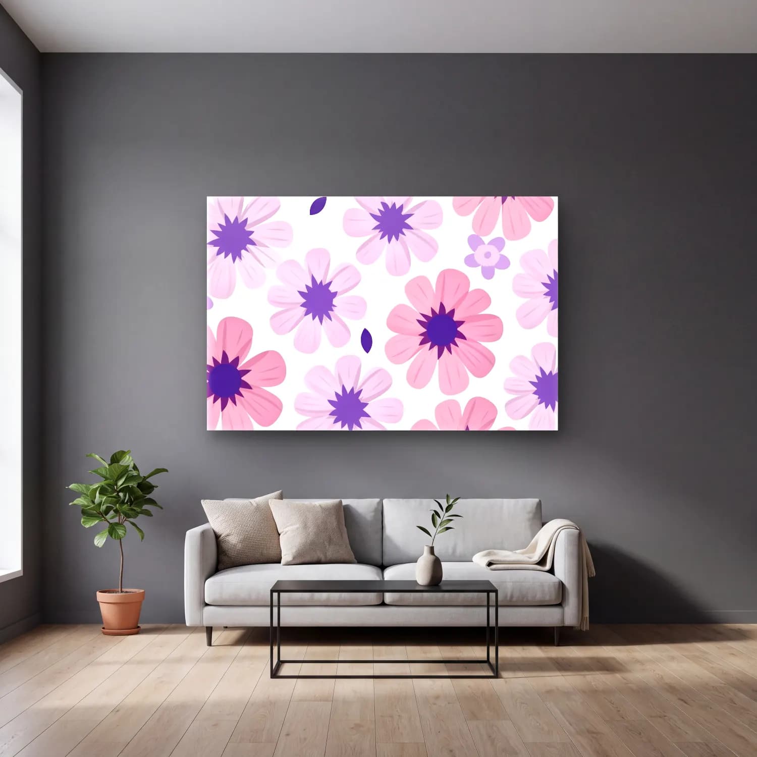 Pastel Çiçek Deseni No. 70 cam tablo — gri duvarlı salonda