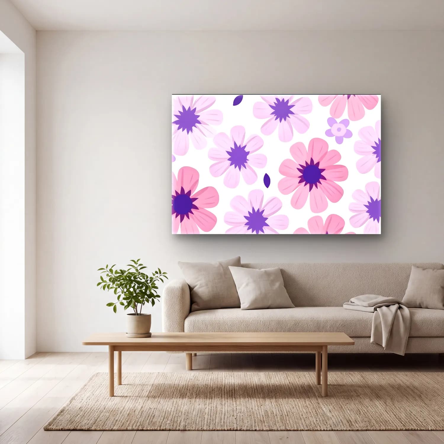 Pastel Çiçek Deseni No. 70 cam tablo — açık renk salonda