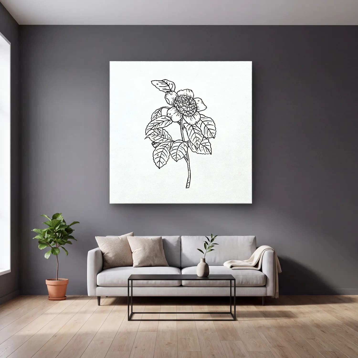 Botanik İllüstrasyon Çiçek Deseni No. 51 cam tablo — gri duvarlı salonda