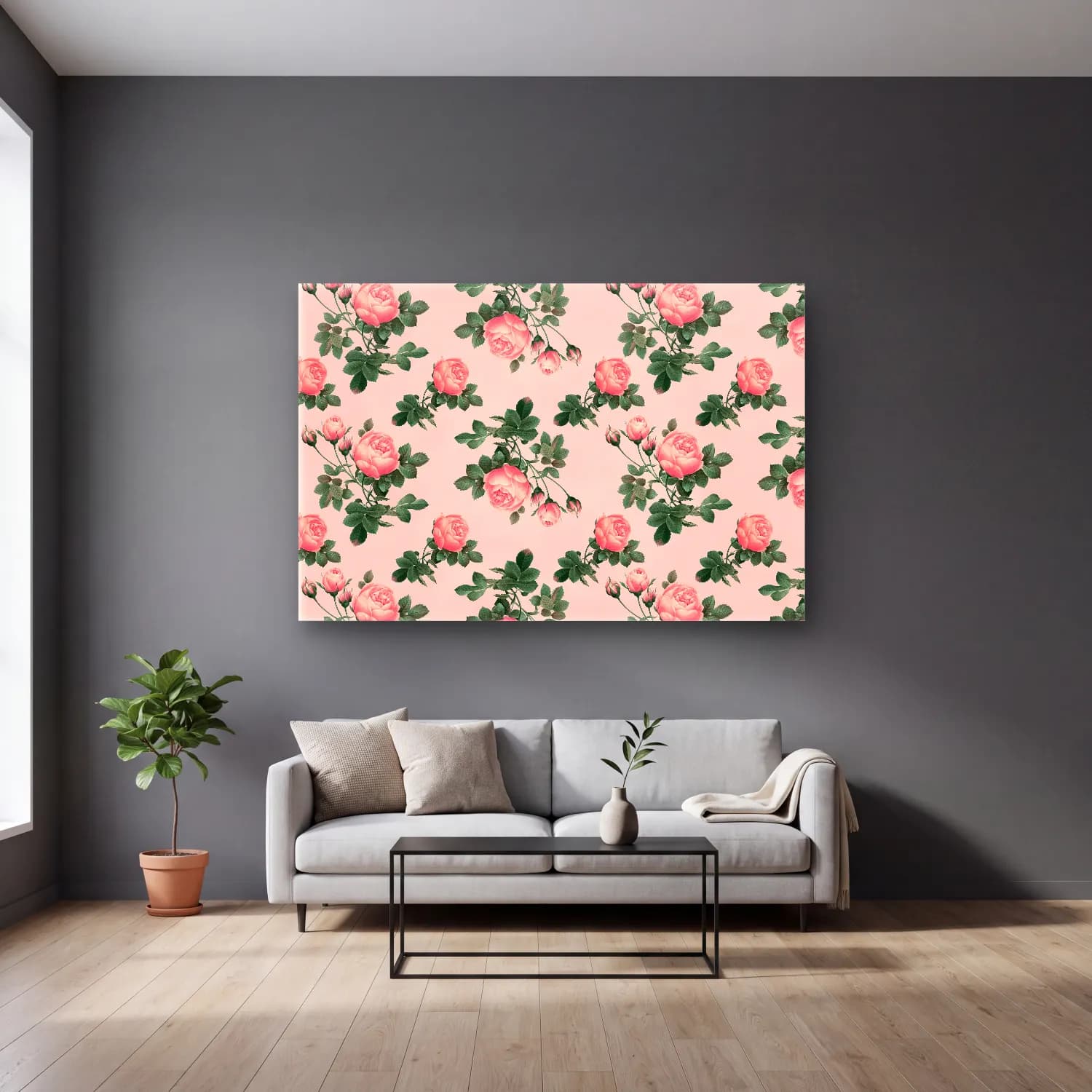 Pastel Güller No. 10 cam tablo — gri duvarlı salonda