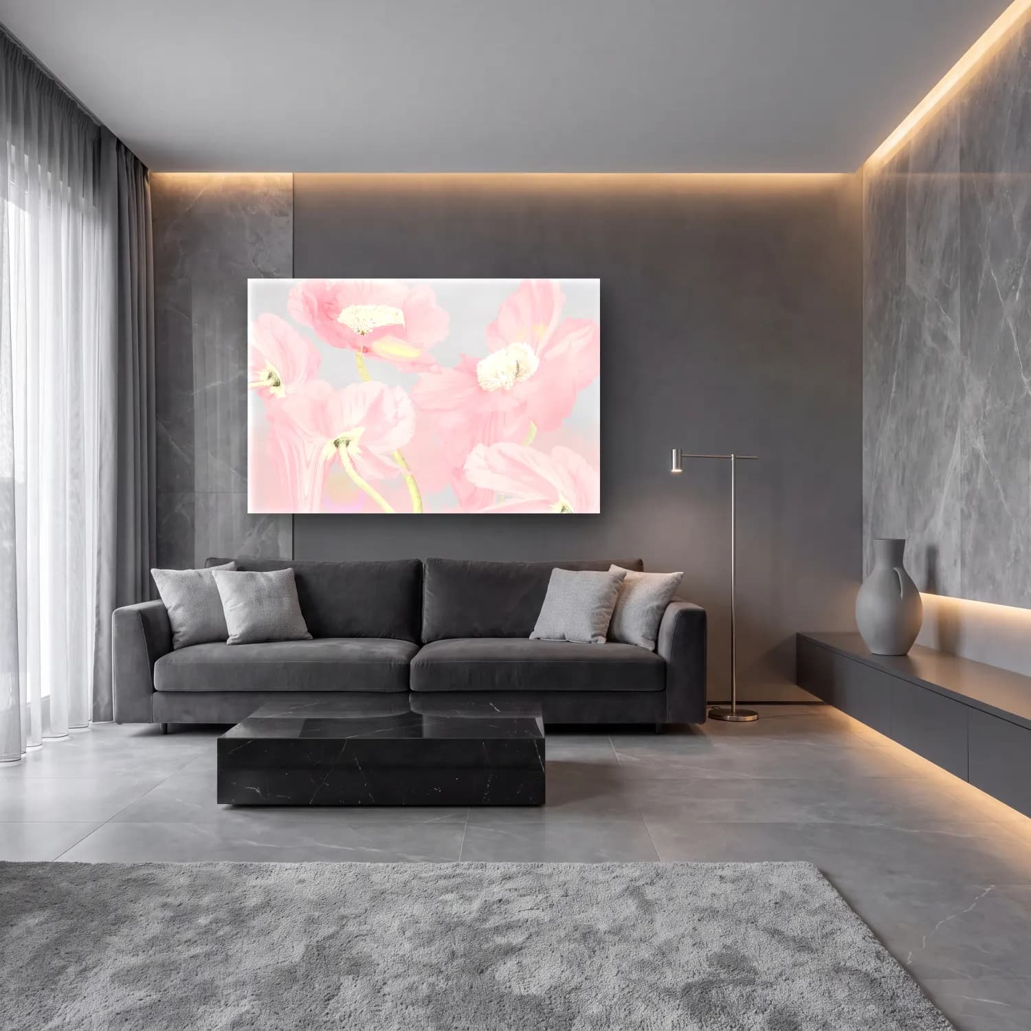 Pastel Gelincikler – Pembe Tonlar cam tablo — lüks salon duvarında