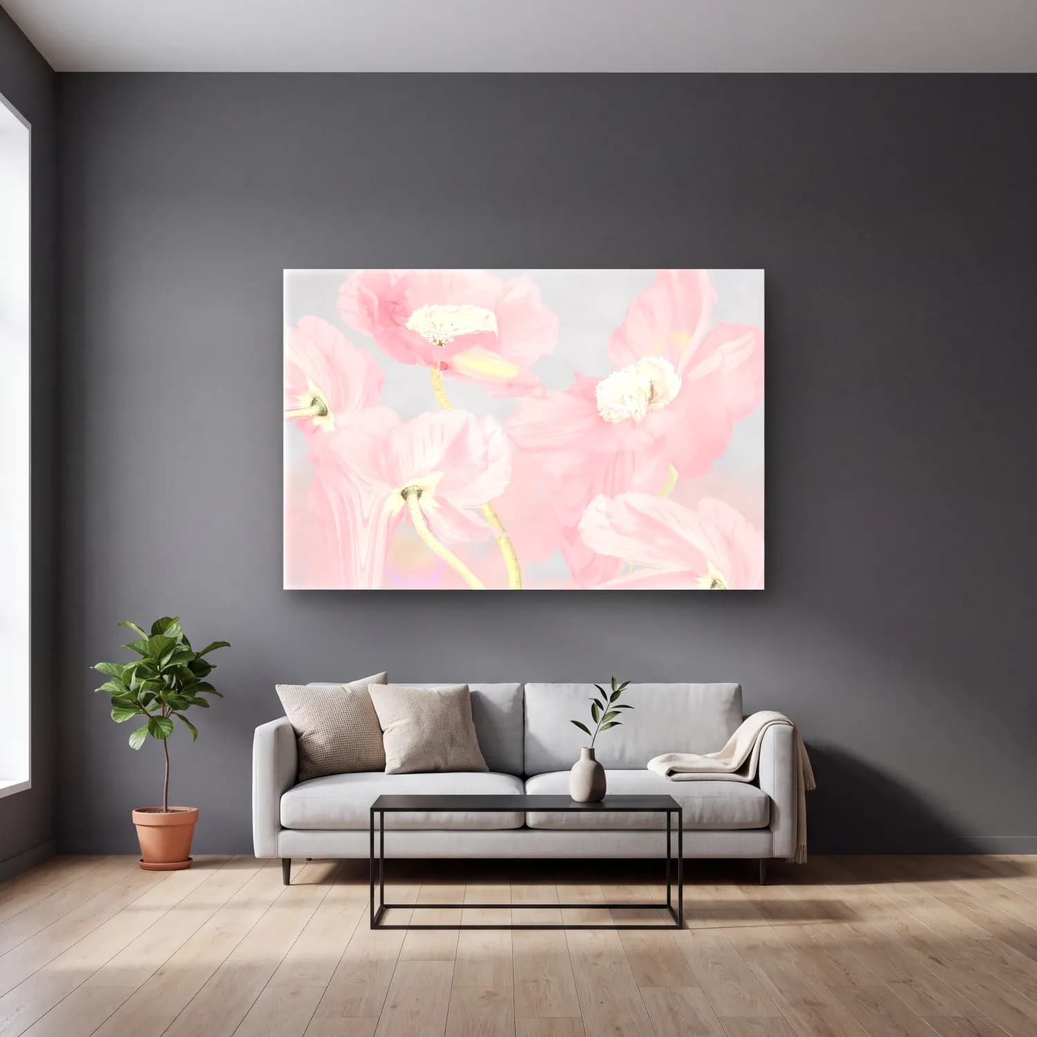 Pastel Gelincikler – Pembe Tonlar cam tablo — gri duvarlı salonda