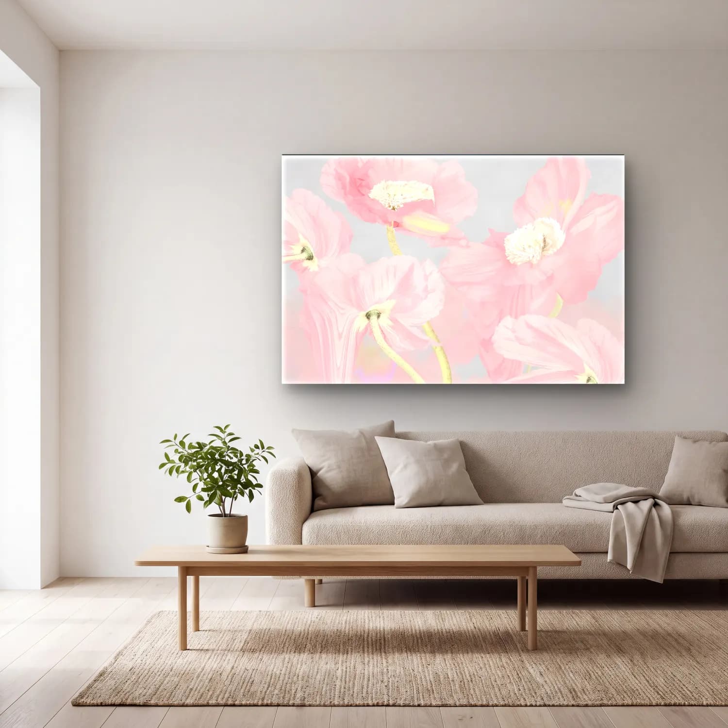 Pastel Gelincikler – Pembe Tonlar cam tablo — açık renk salonda