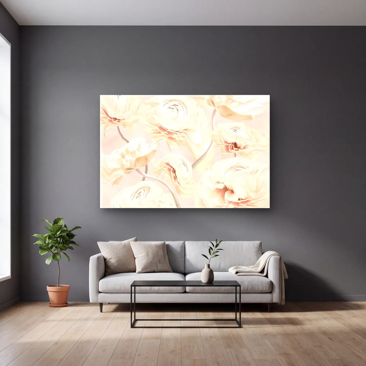Pastel Çiçek Deseni No. 86 cam tablo — gri duvarlı salonda