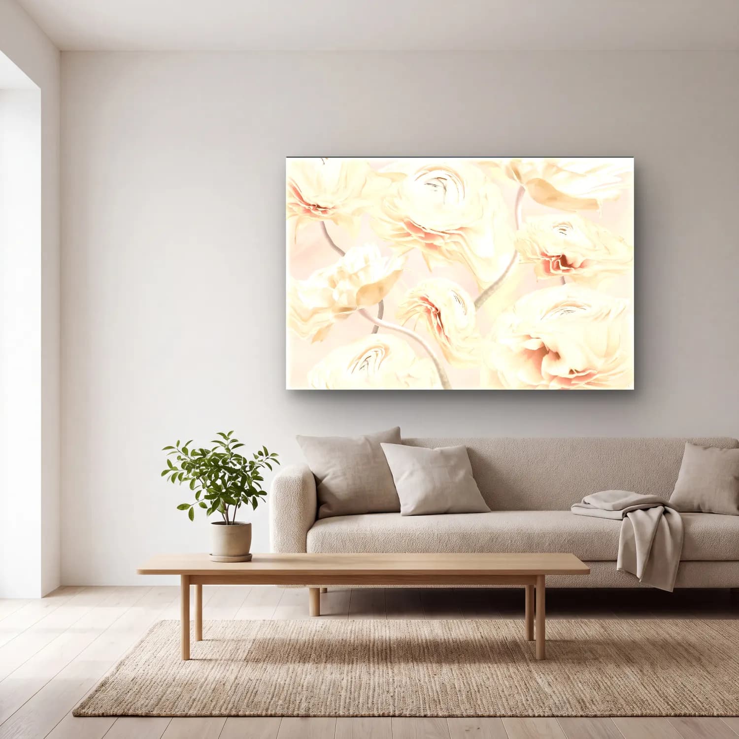 Pastel Çiçek Deseni No. 86 cam tablo — açık renk salonda