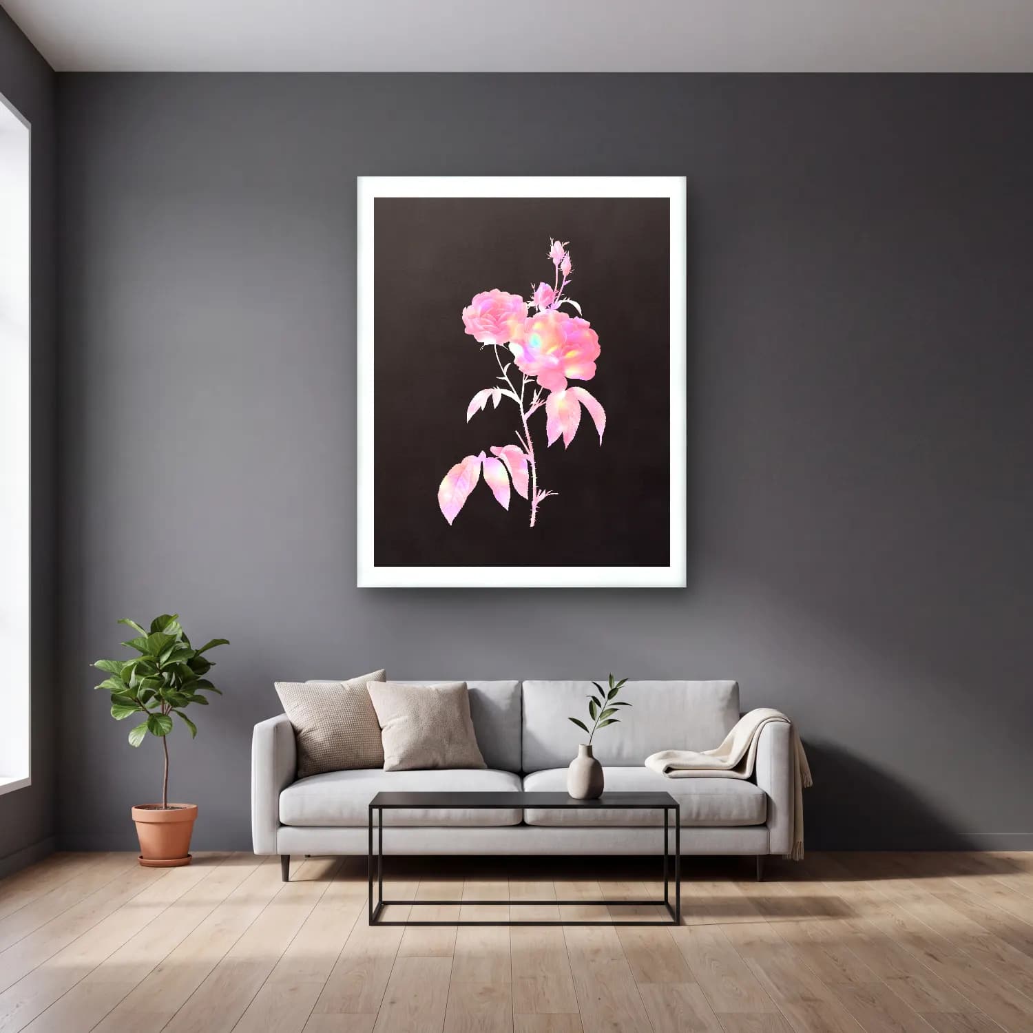 Pastel Güller No. 14 cam tablo — gri duvarlı salonda
