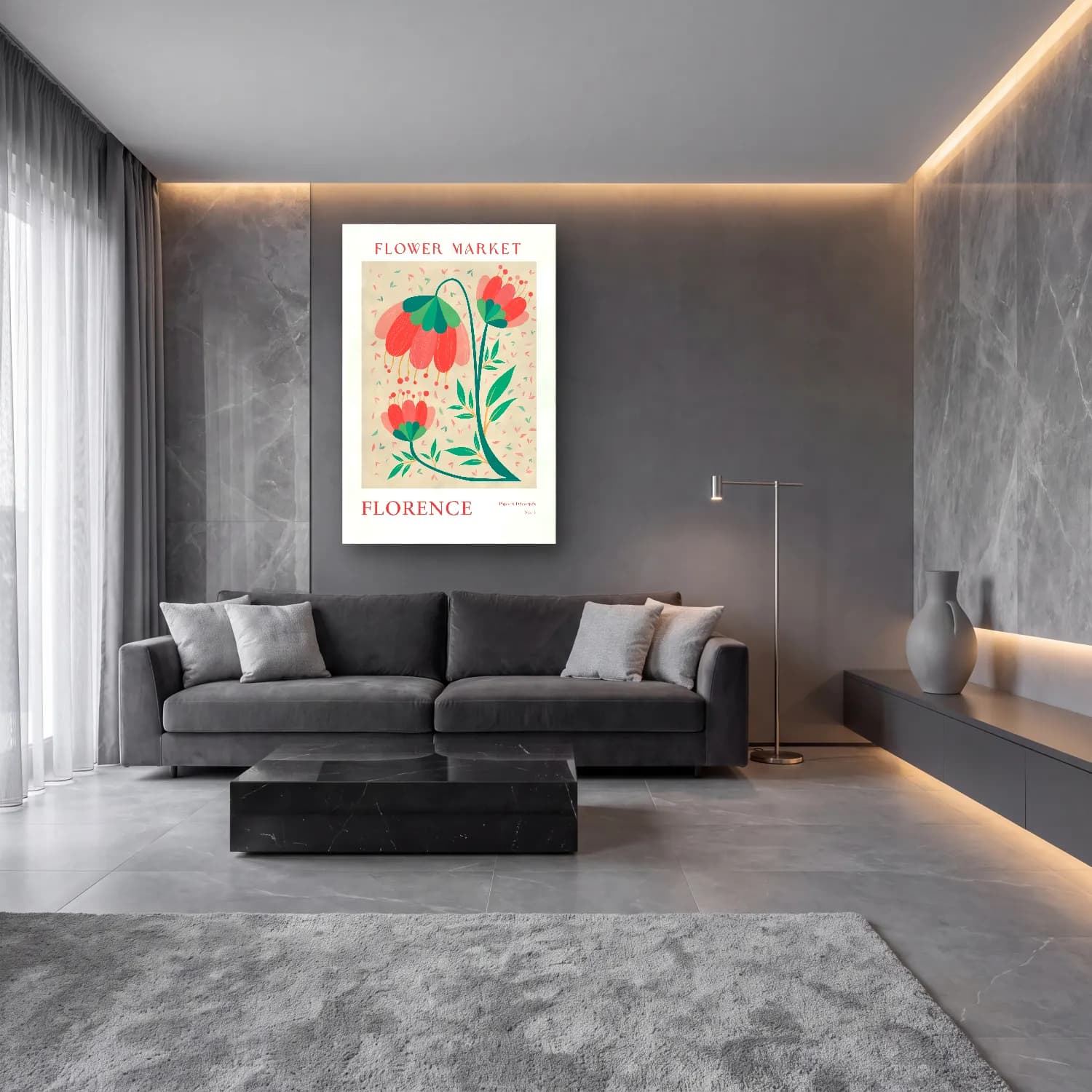 Boho Çiçek Deseni No. 124 cam tablo — lüks salon duvarında