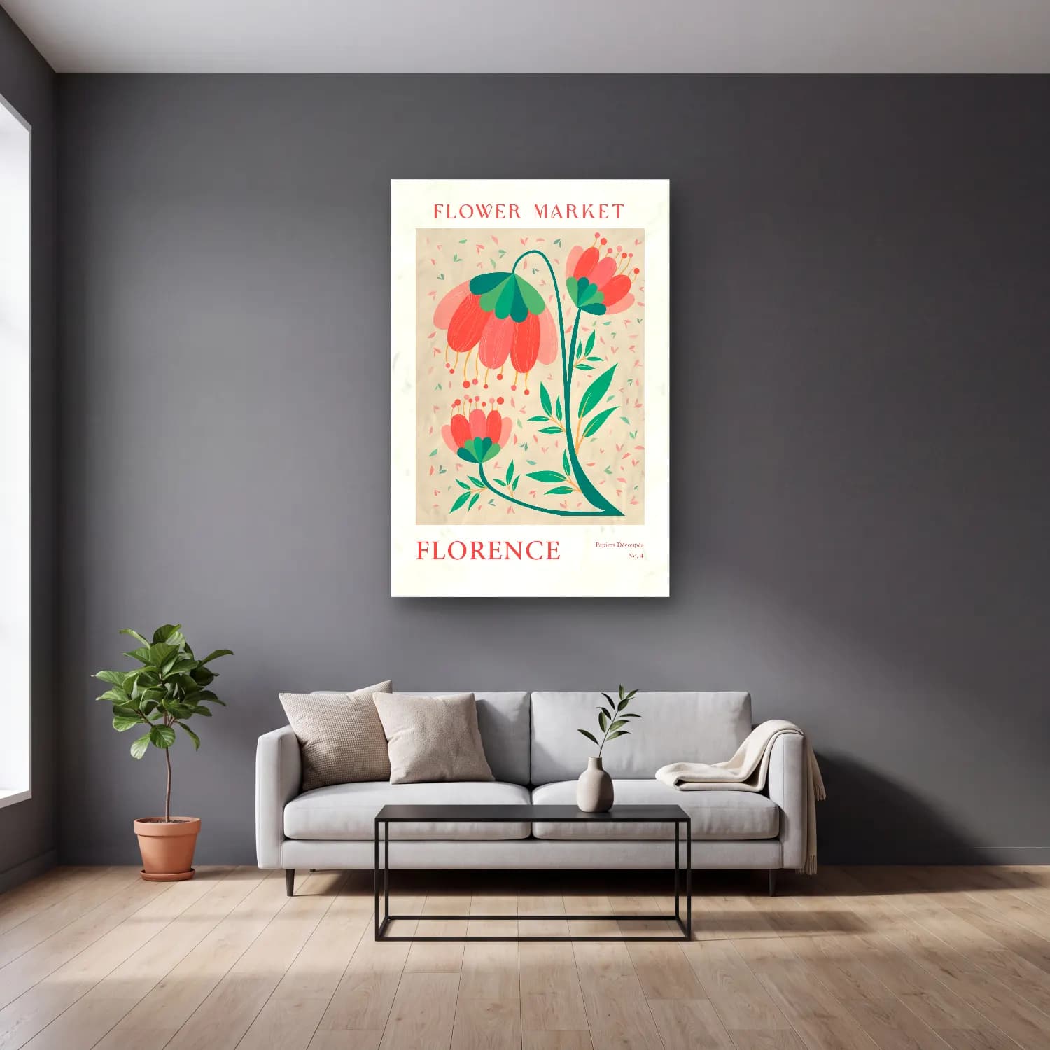 Boho Çiçek Deseni No. 124 cam tablo — gri duvarlı salonda