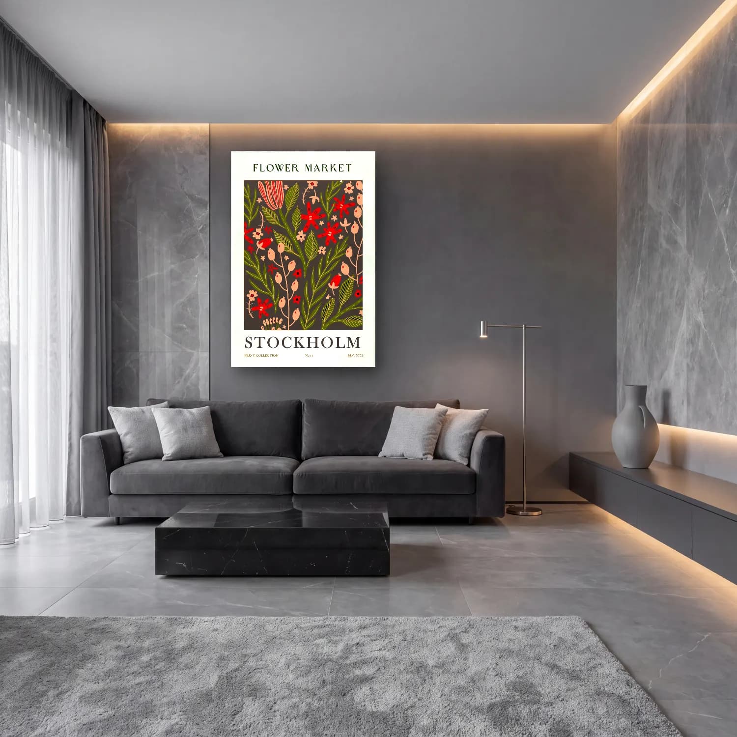 Boho Çiçek Deseni No. 125 cam tablo — lüks salon duvarında