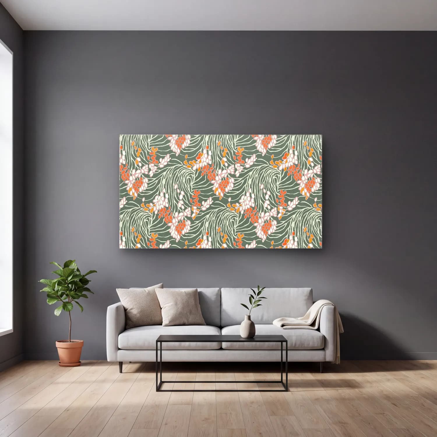 Boho Çiçek Deseni No. 126 cam tablo — gri duvarlı salonda