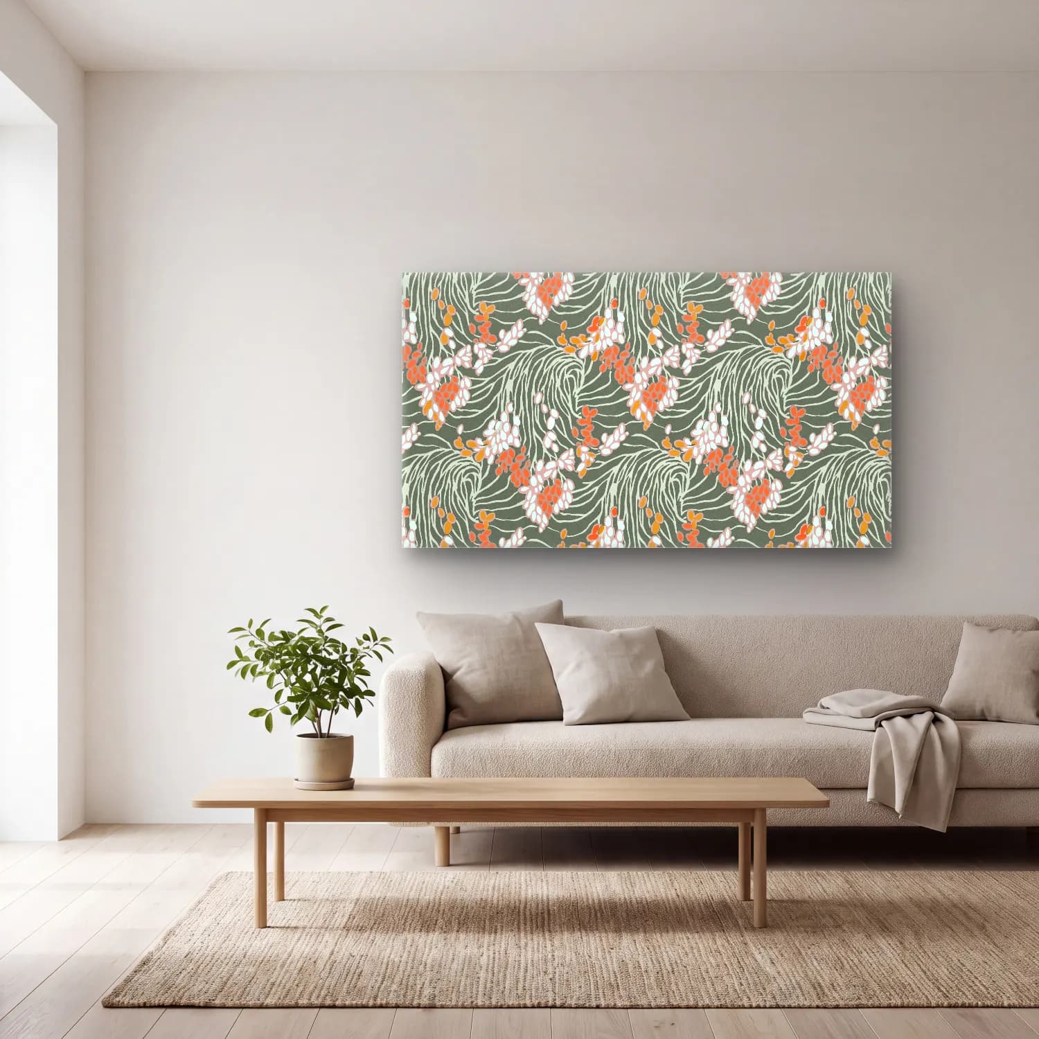 Boho Çiçek Deseni No. 126 cam tablo — açık renk salonda