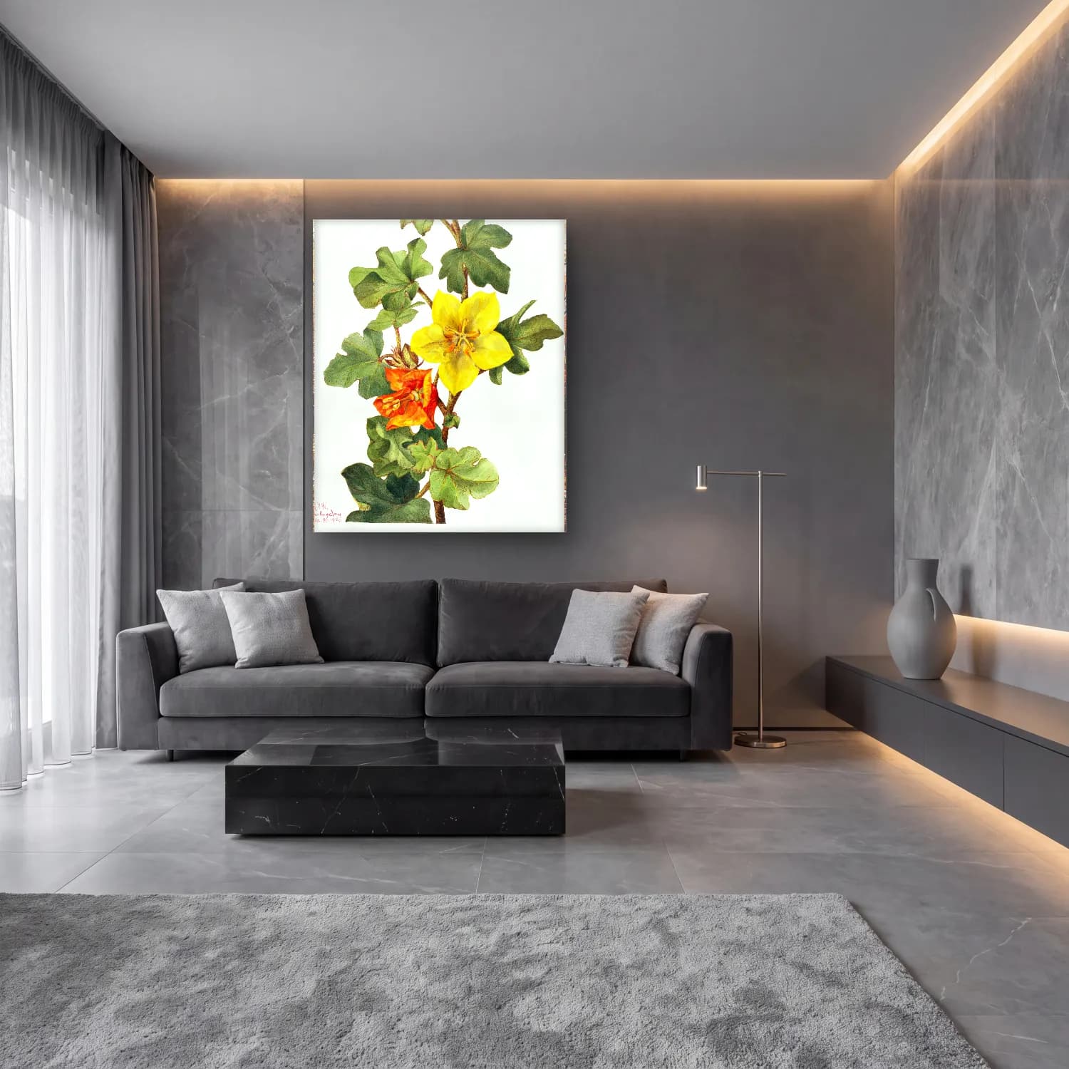 Botanik İllüstrasyon Limon Dalı No. 8 cam tablo — lüks salon duvarında