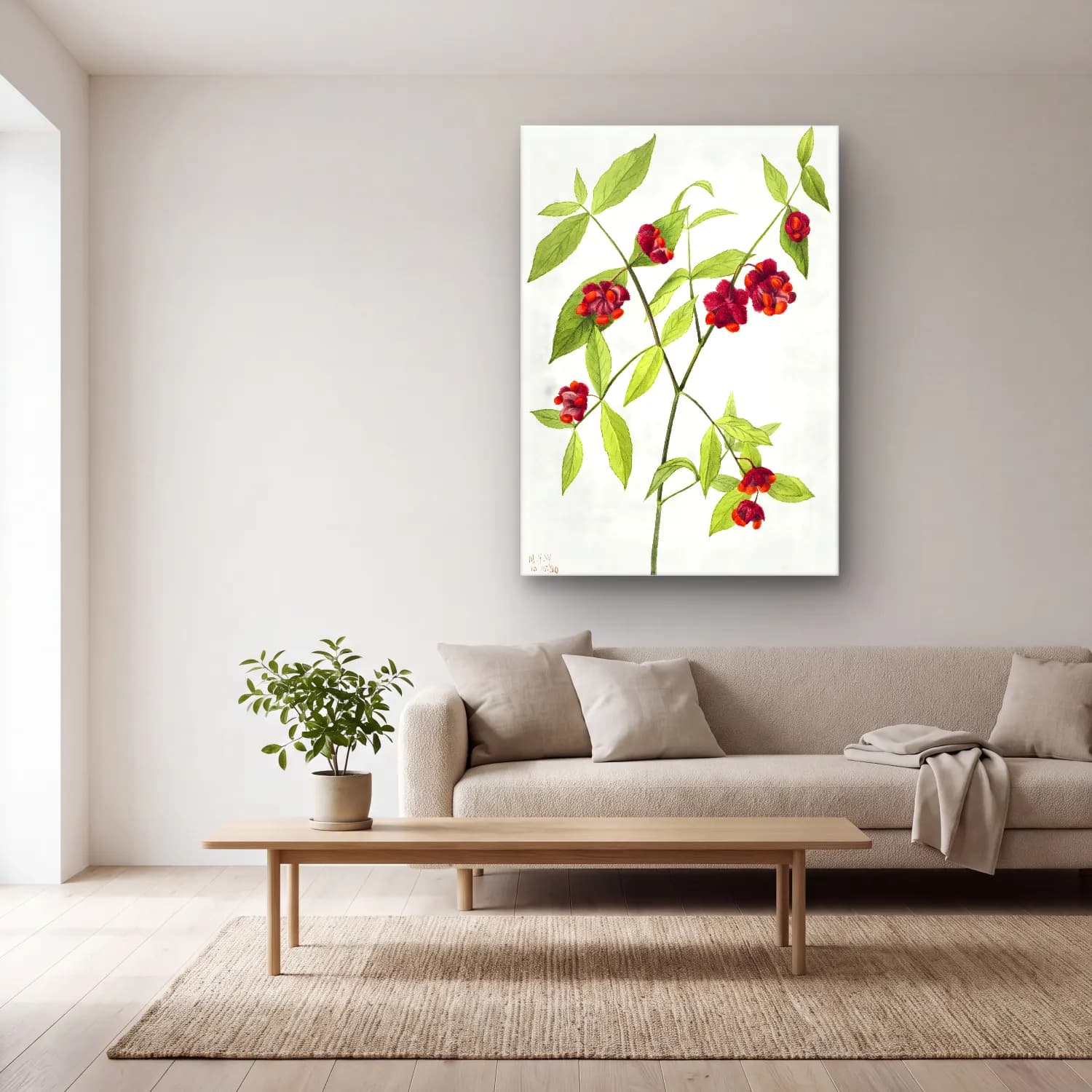 Botanik İllüstrasyon Çiçek Deseni No. 80 cam tablo — açık renk salonda