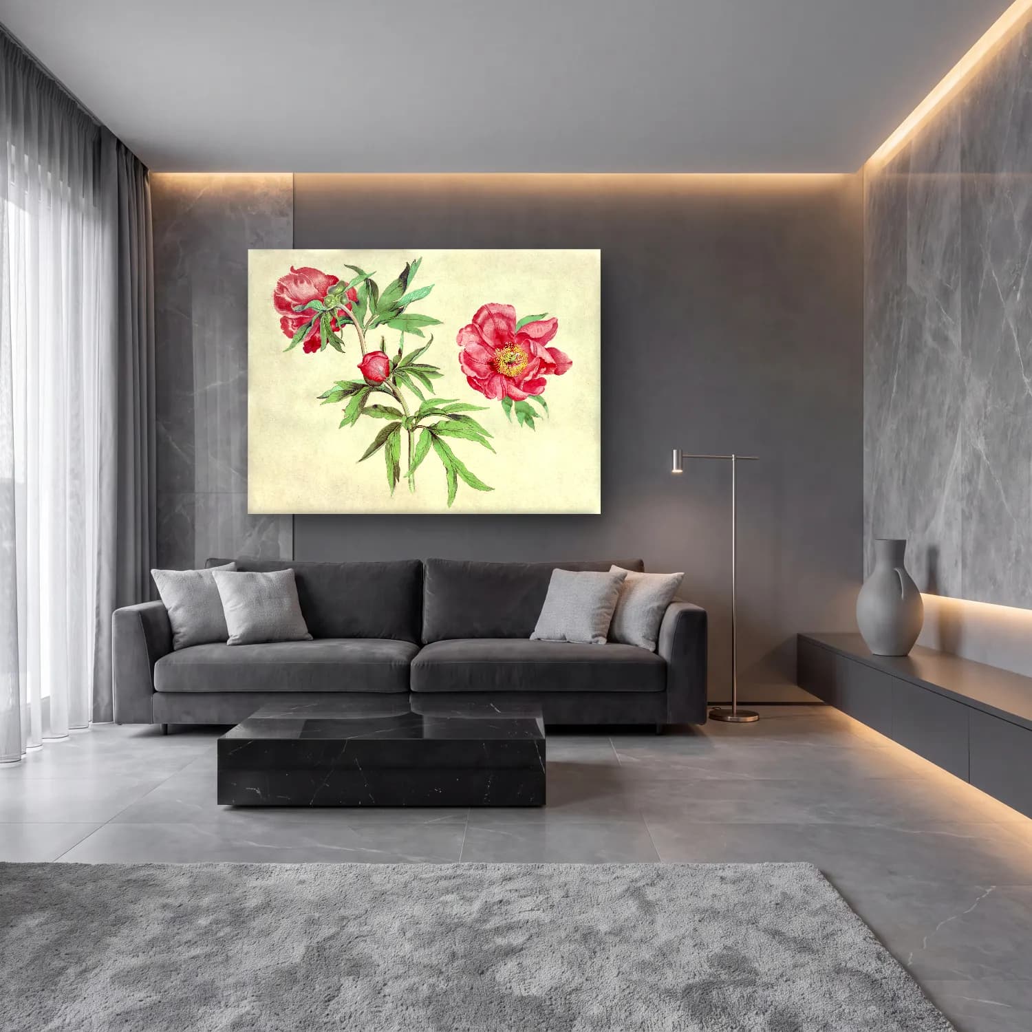 Botanik İllüstrasyon Pembe Şakayıklar No. 9 cam tablo — lüks salon duvarında
