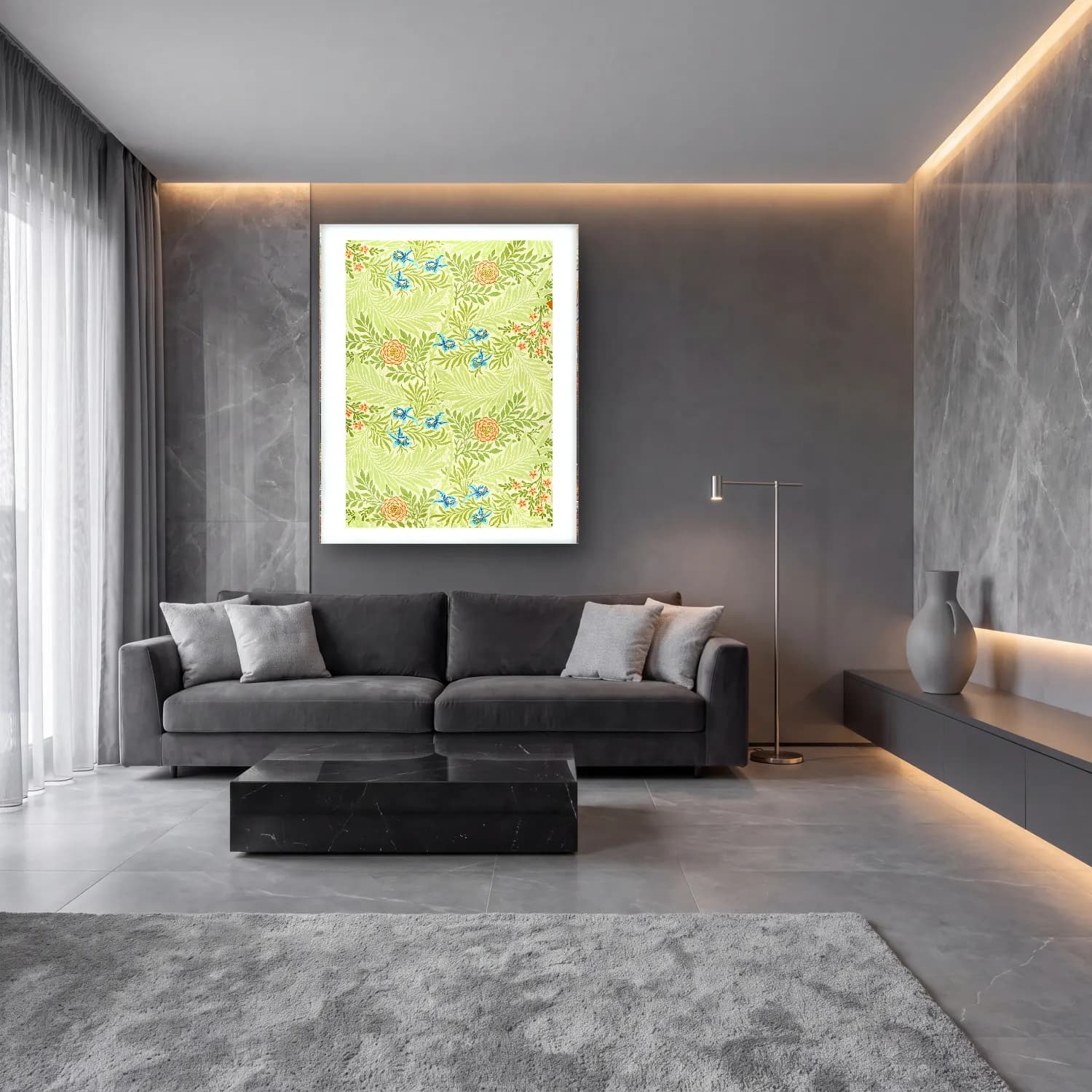Pastel Çiçek Deseni No. 77 cam tablo — lüks salon duvarında