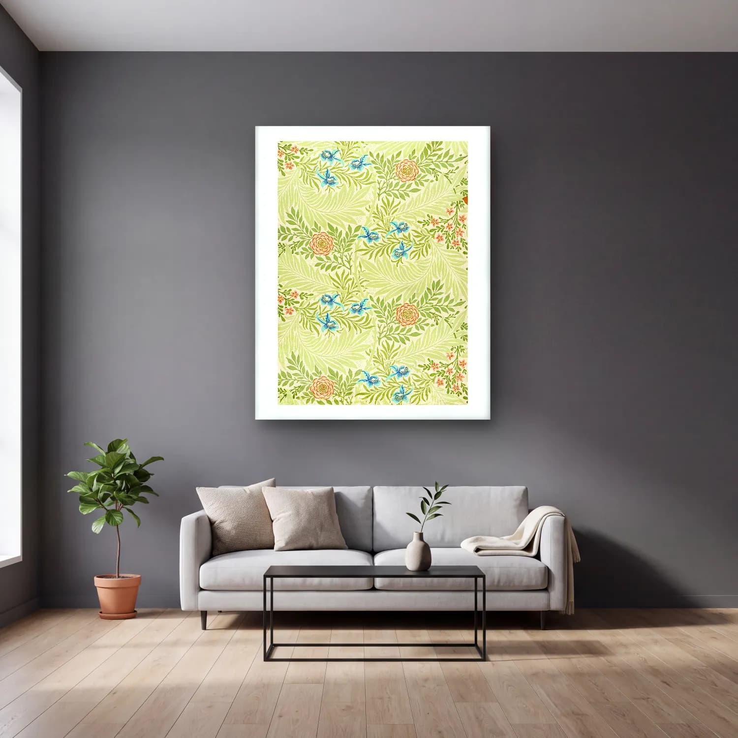 Pastel Çiçek Deseni No. 77 cam tablo — gri duvarlı salonda