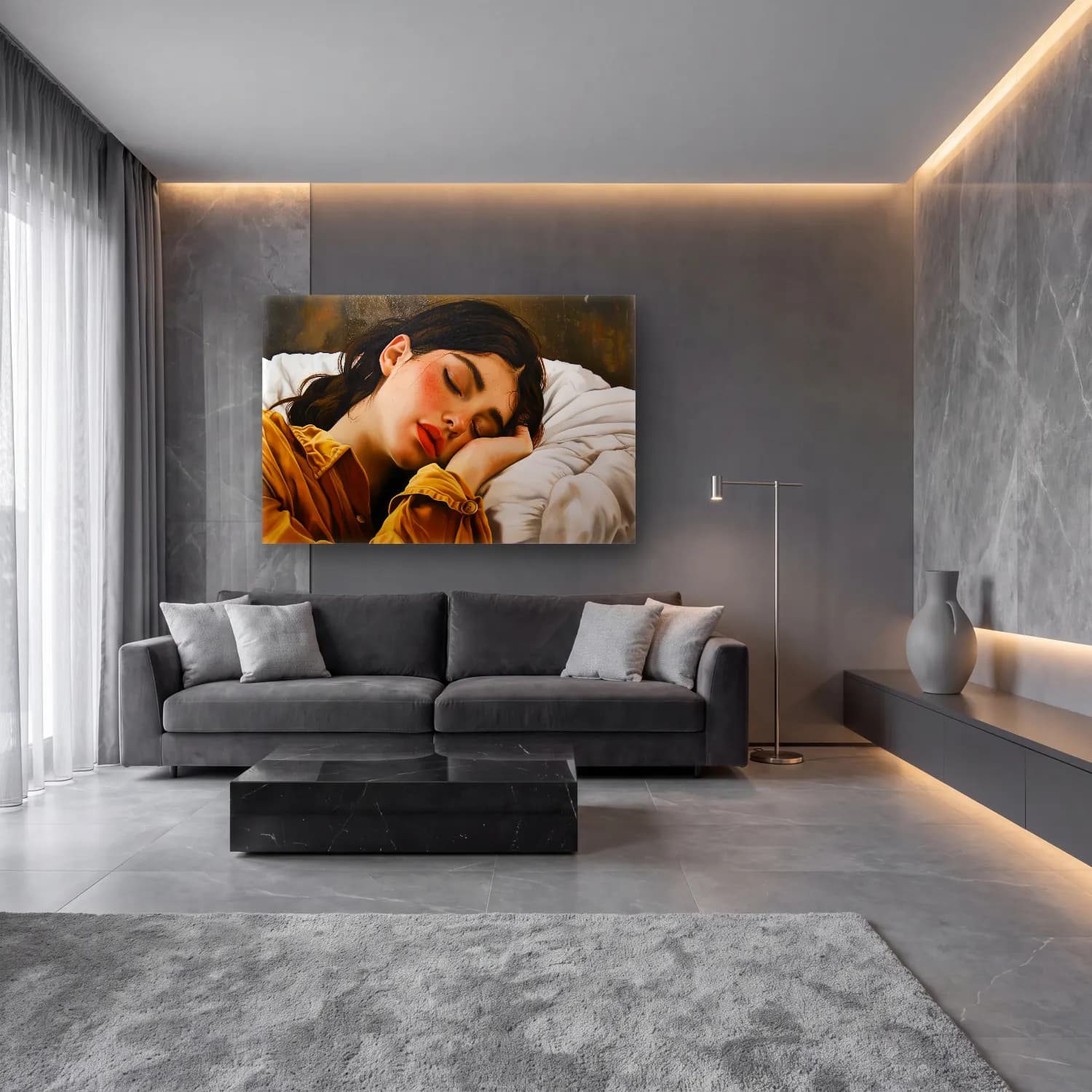 Yağlı Boya Kız Çocuğu Portresi – Sarı Tonlar cam tablo — lüks salon duvarında