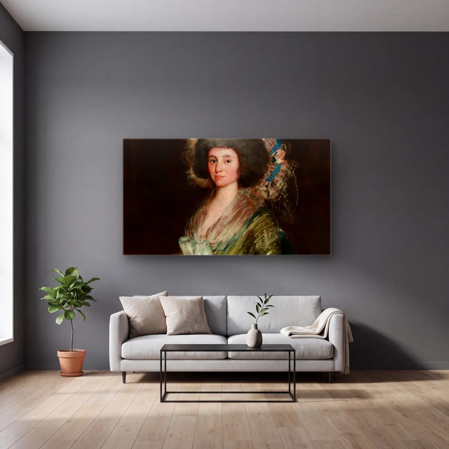 Francisco de Goya – Portrait of Senora Ceán Bermudez cam tablo — gri duvarlı salonda