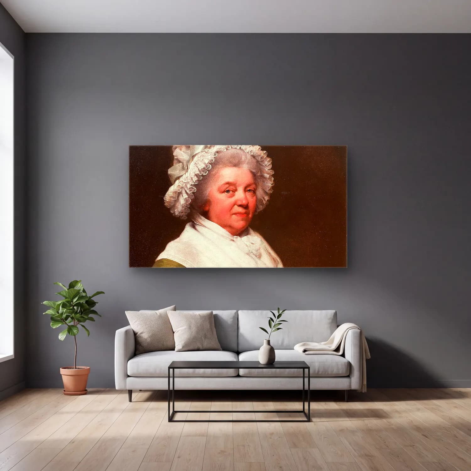 Joseph Wright – Portrait Of Mrs. Anthony Greatorex cam tablo — gri duvarlı salonda