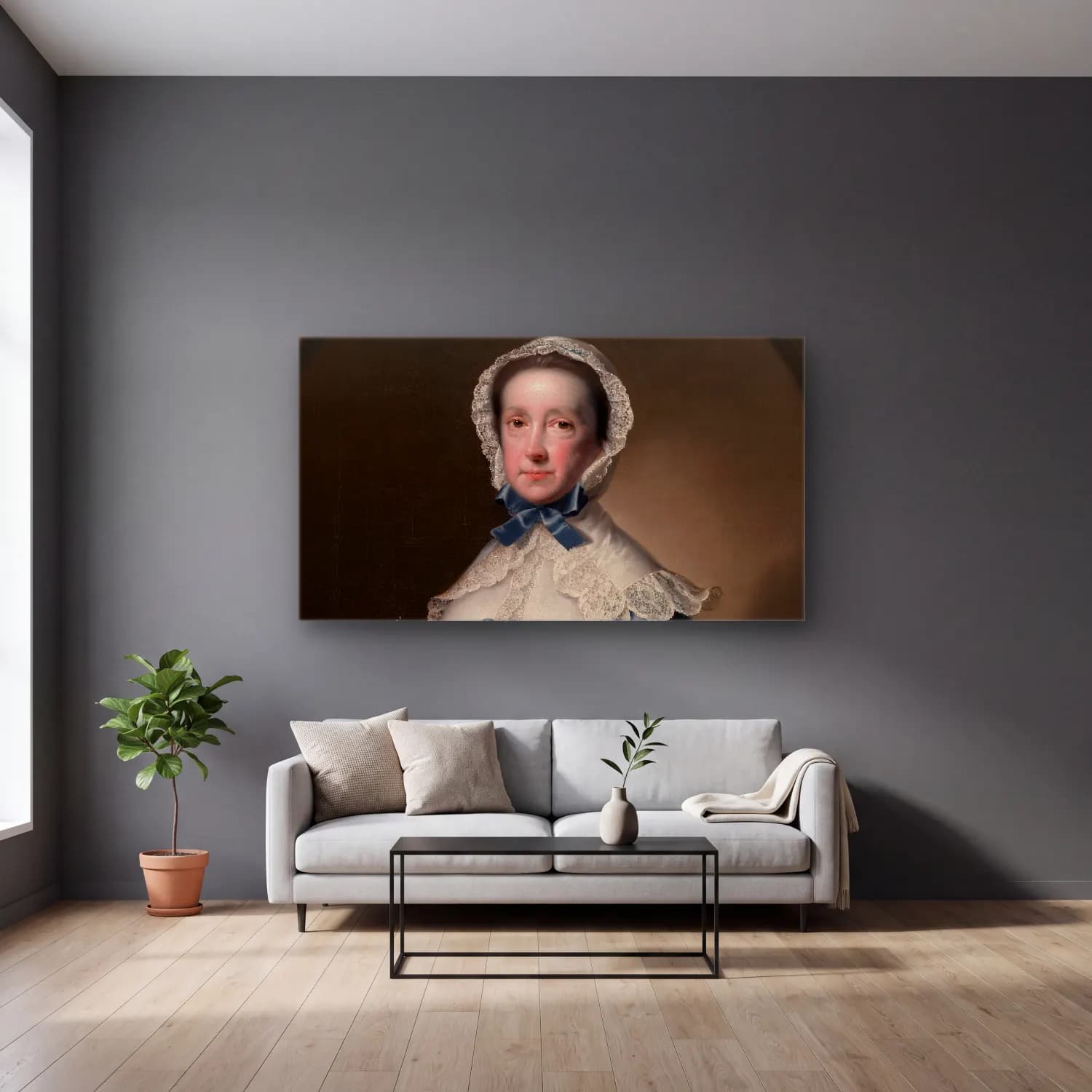 Joseph Wright – Portrait of Mrs. William Chase, Sr. (ca. 1760–65) cam tablo — gri duvarlı salonda