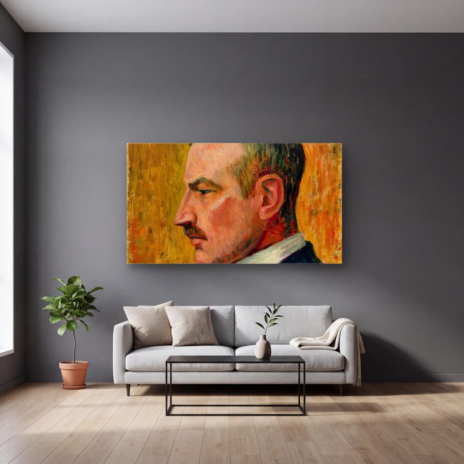 Alfred William Finch – Portrait of Artist Magnus Enckell cam tablo — gri duvarlı salonda
