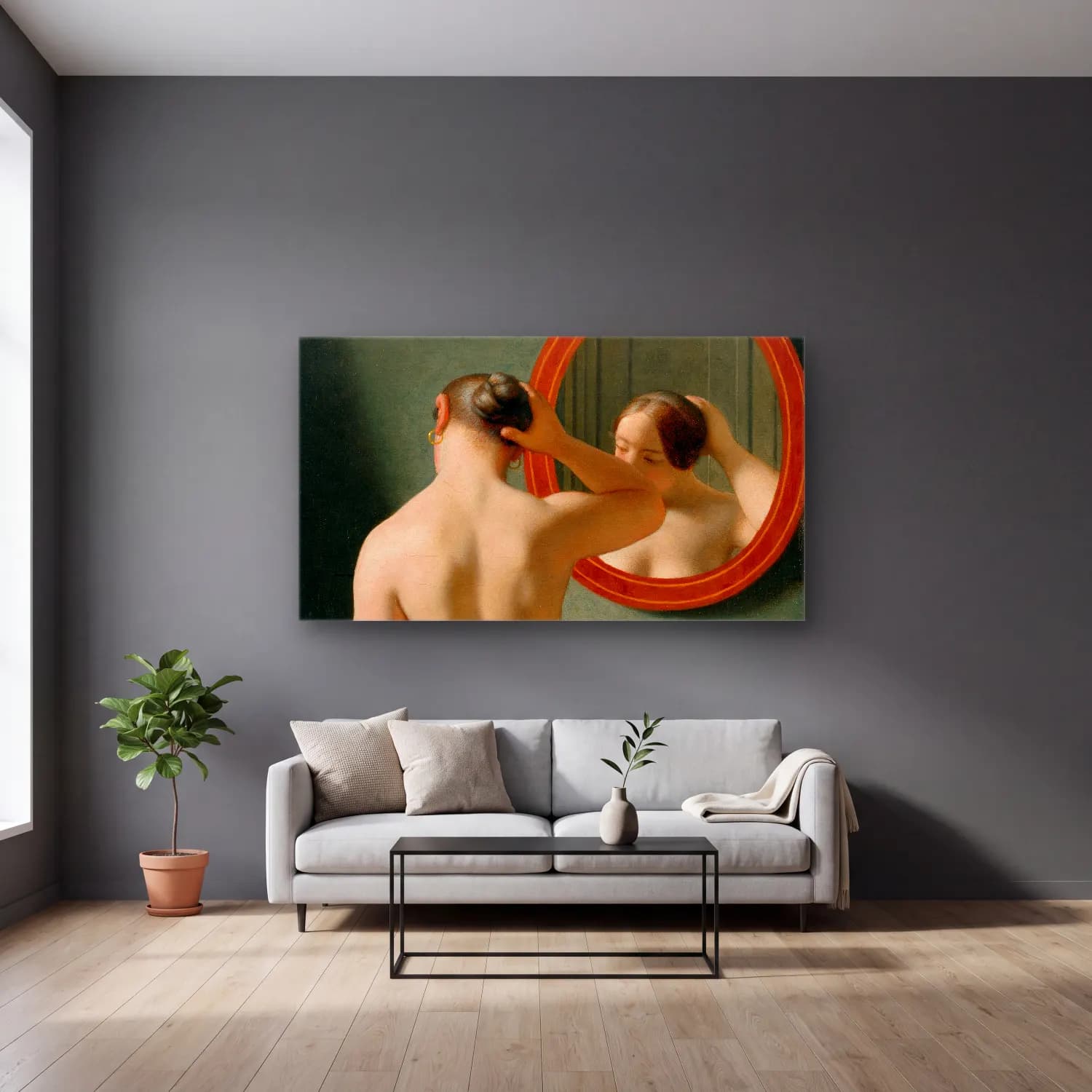 Christoffer Wilhelm Eckersberg – A Nude Woman Doing Her Hair Before A Mirror cam tablo — gri duvarlı salonda