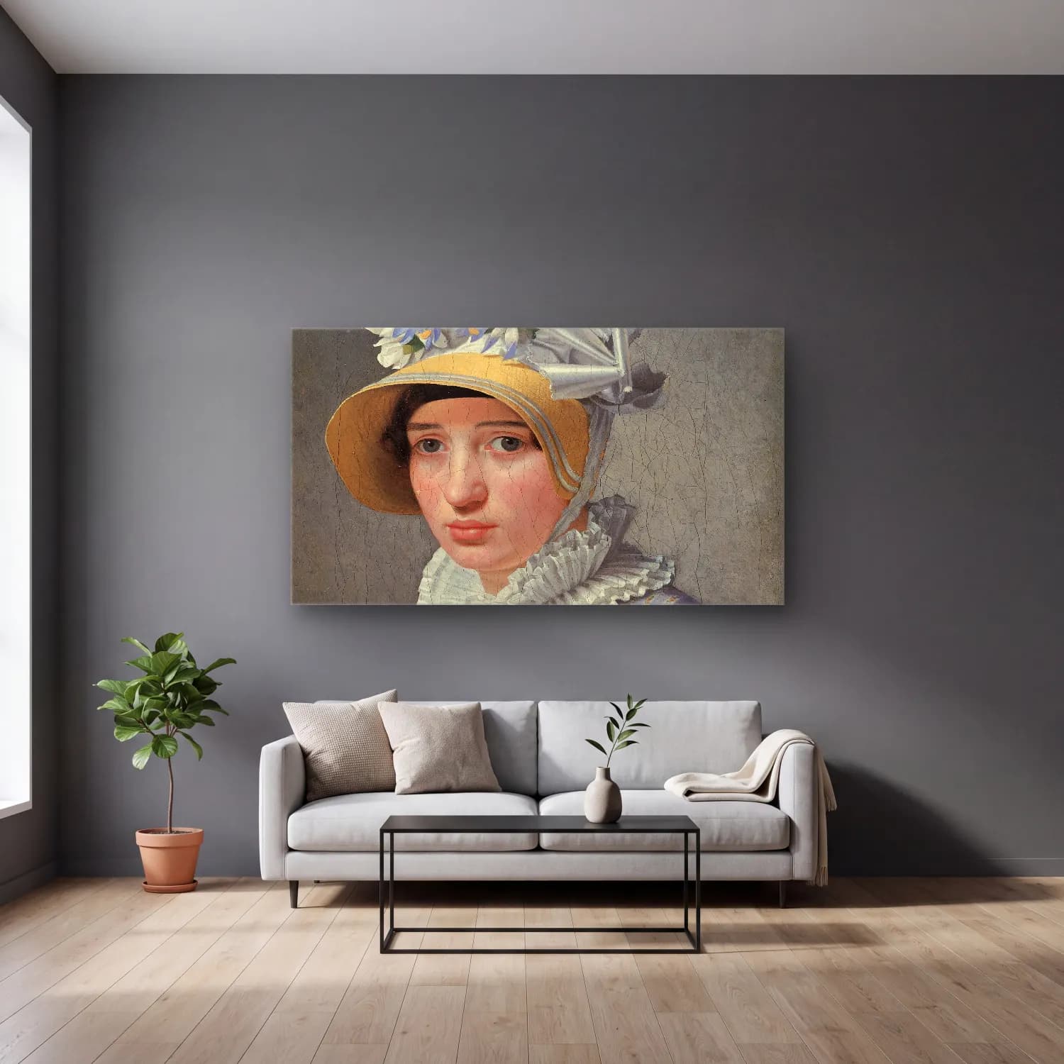 Christoffer Wilhelm Eckersberg – Portrait Of The Model Maddalena Or Anna Maria Uhden cam tablo — gri duvarlı salonda