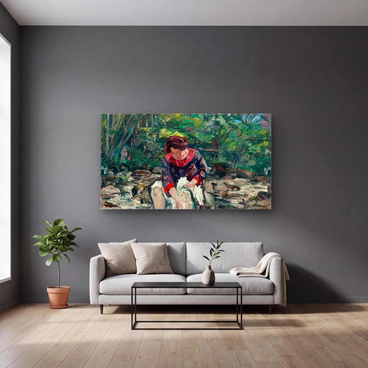 Lovis Corinth – Mädchen im Waldbach cam tablo — gri duvarlı salonda