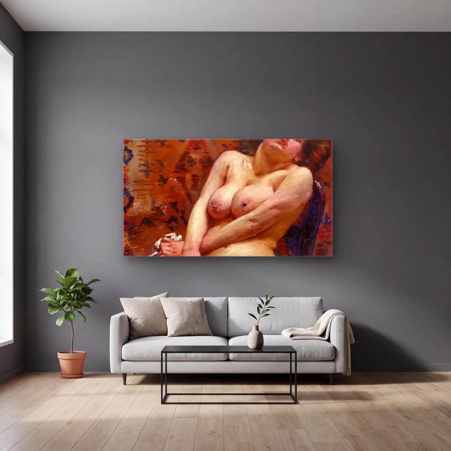 Lovis Corinth – Nana, Female Nude cam tablo — gri duvarlı salonda