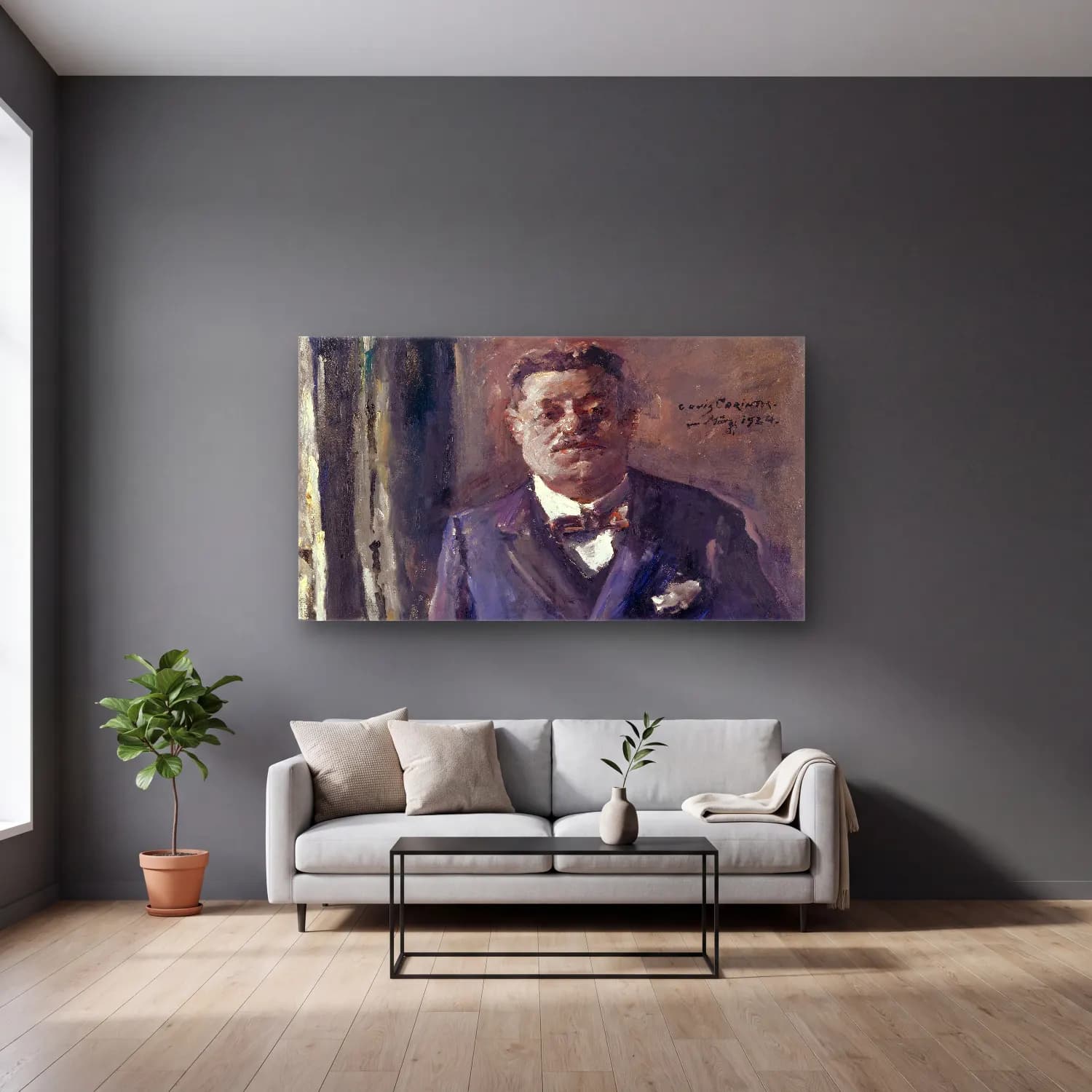 Lovis Corinth – Portrait Of Reich President Friedrich Ebert cam tablo — gri duvarlı salonda