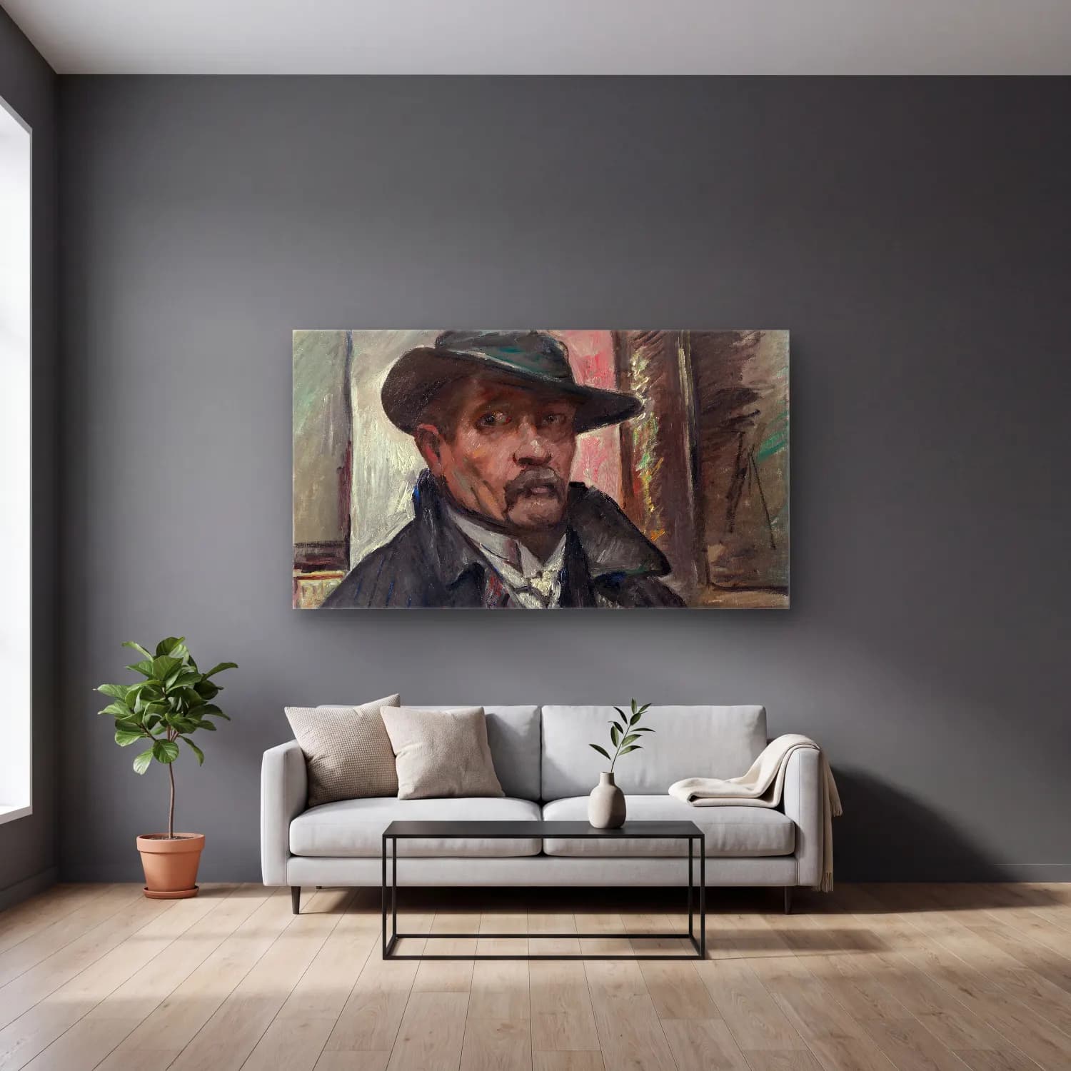 Lovis Corinth – Self-Portrait with Hat and Coat cam tablo — gri duvarlı salonda