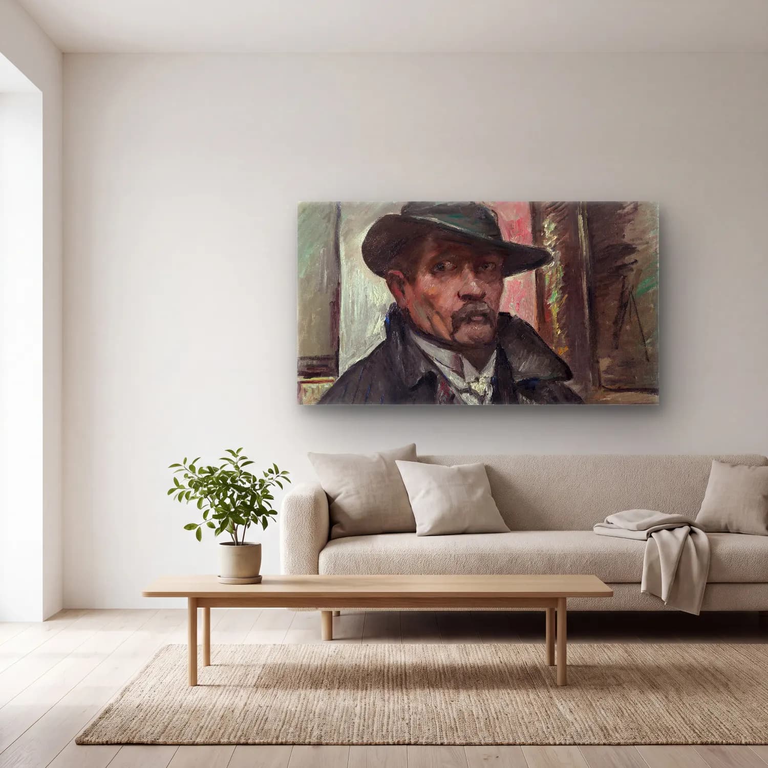 Lovis Corinth – Self-Portrait with Hat and Coat cam tablo — açık renk salonda