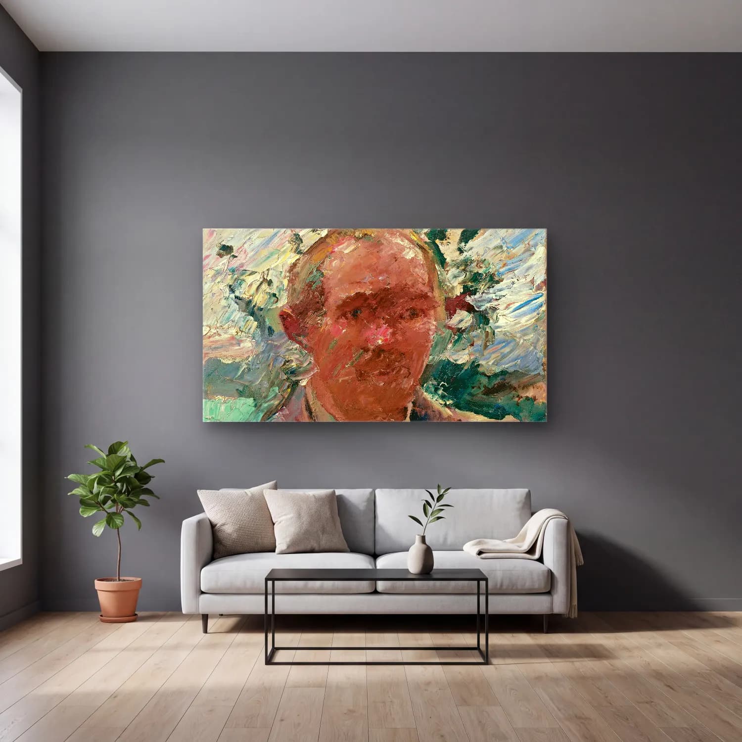 Lovis Corinth – Self-portrait at Walchensee cam tablo — gri duvarlı salonda